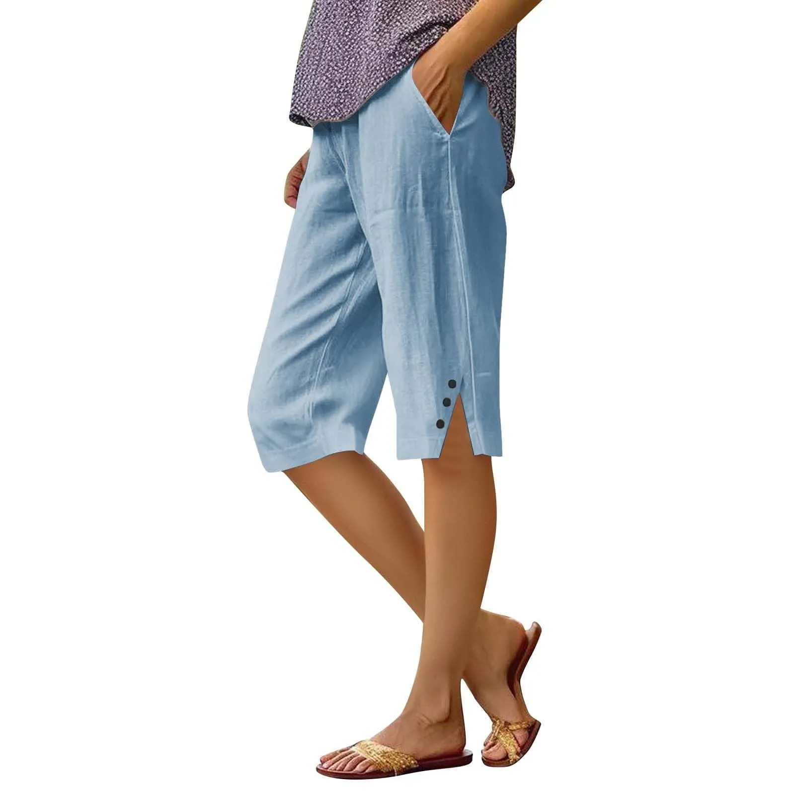 HEONSATI Pantaloni 7/8 Donna in Cotone e Lino, Capri Cropped Gamba Dritta con Coulisse Regolabile - immagine 1