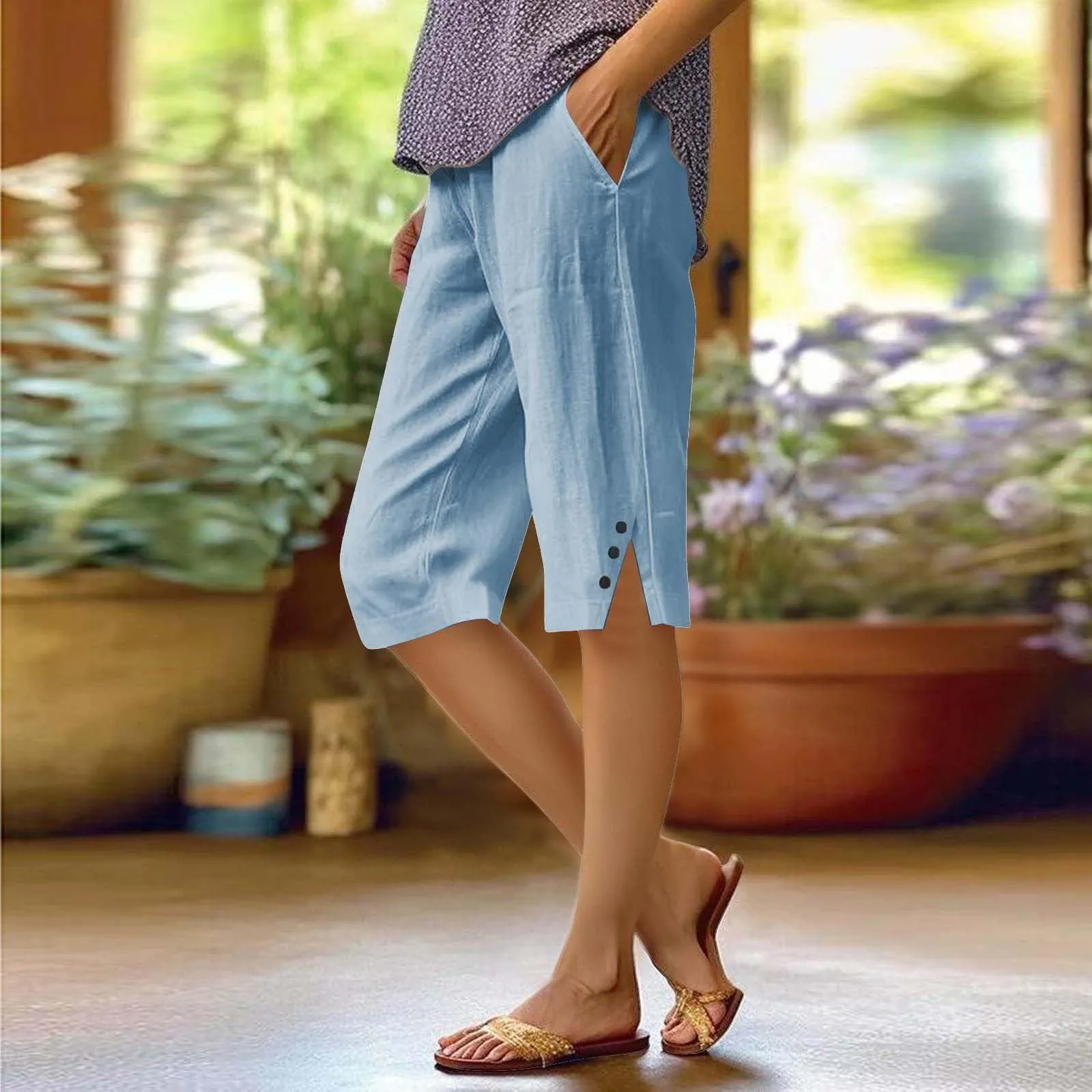 HEONSATI Pantaloni 7/8 Donna in Cotone e Lino, Capri Cropped Gamba Dritta con Coulisse Regolabile - immagine 2