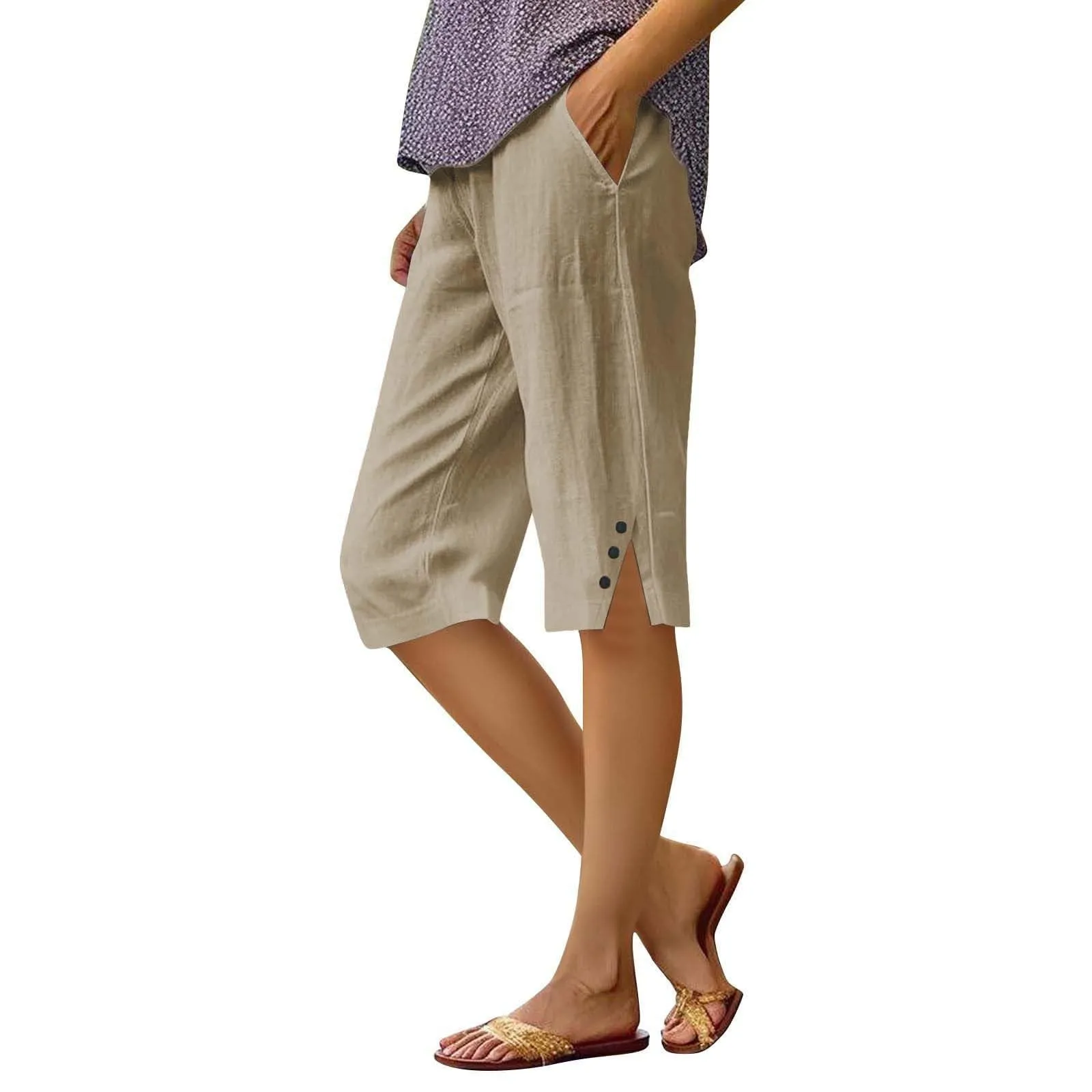 HEONSATI Pantaloni Capri Donna 7/8 in Cotone e Lino Gamba Dritta con Coulisse Regolabile - immagine 1