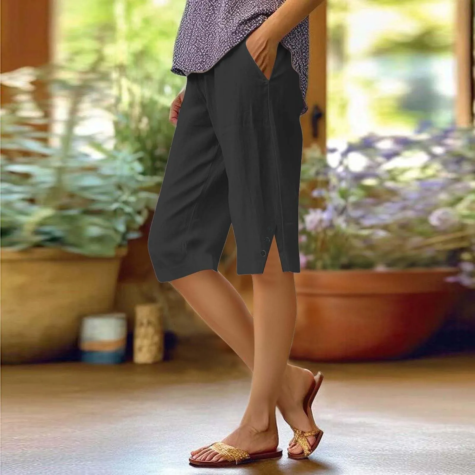 HEONSATI Pantaloni 7/8 Donna in Cotone e Lino Capri Cropped Gamba Dritta con Coulisse Regolabile - immagine 2