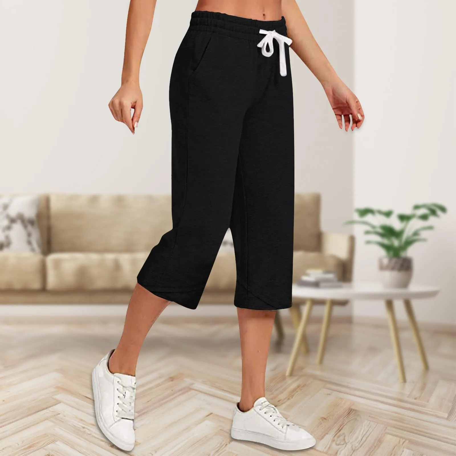 HEONSATI Pantalone Cropped Donna in Cotone e Lino Casual Pinocchietti 3/4 Estivi Larghi Elasticizzati Curvy Gamba Larga - immagine 2