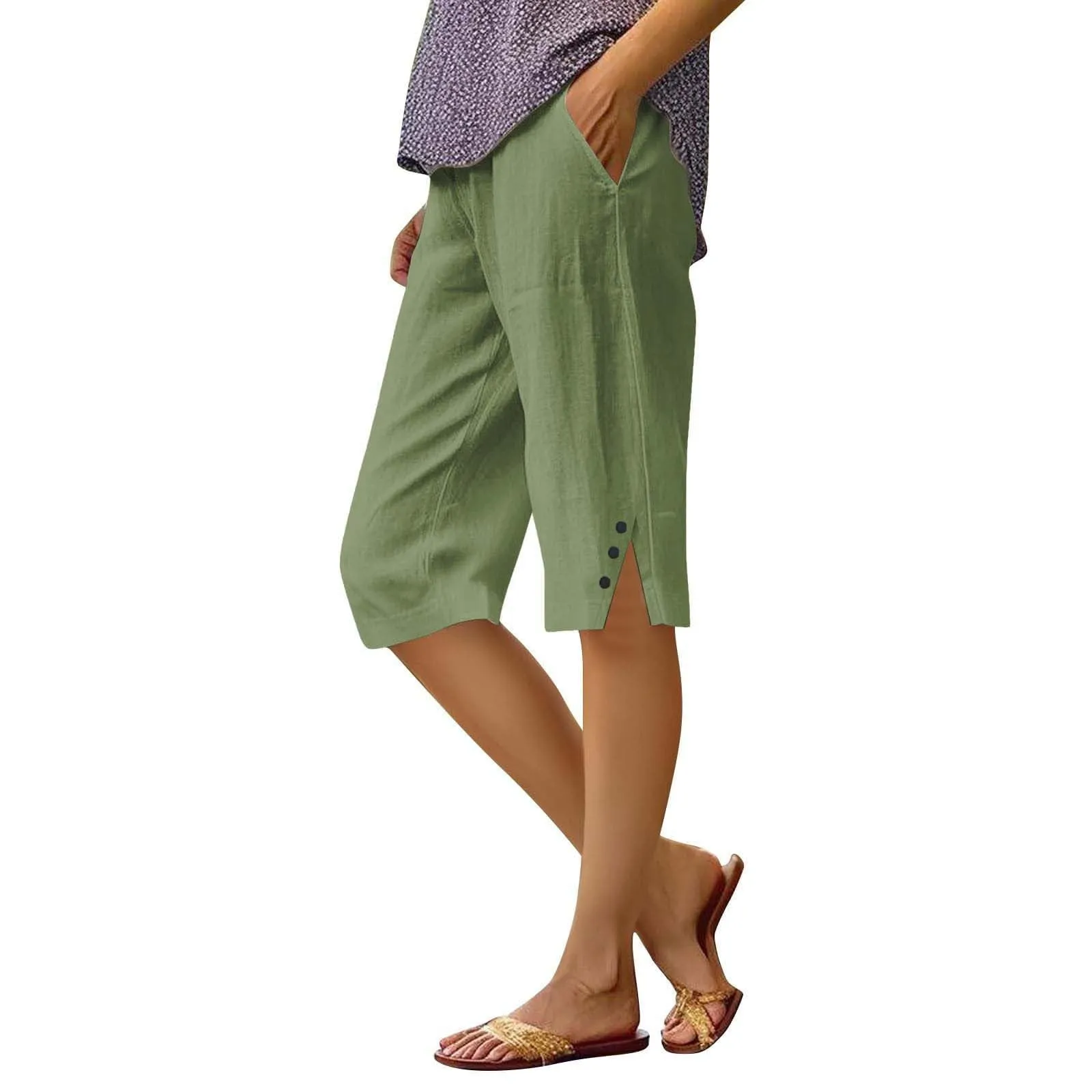 HEONSATI Pantaloni 7/8 Donna in Cotone e Lino, Capri Cropped Gamba Dritta con Coulisse Regolabile, Verde Militare - immagine 1