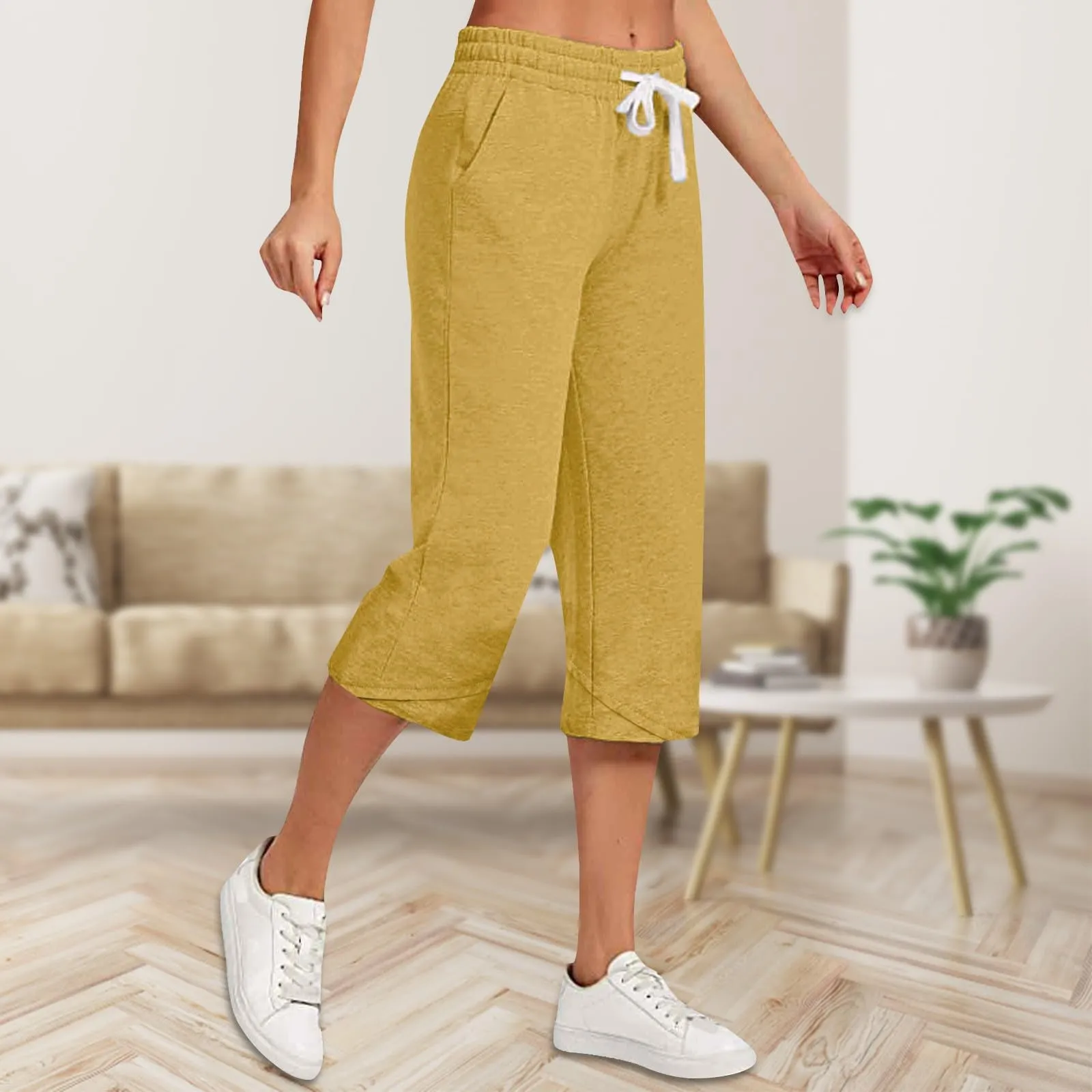 HEONSATI Pantalone Cropped Donna in Cotone e Lino Casual Pinocchietti 3/4 Estivi Gamba Larga Elasticizzati Curvy - immagine 2