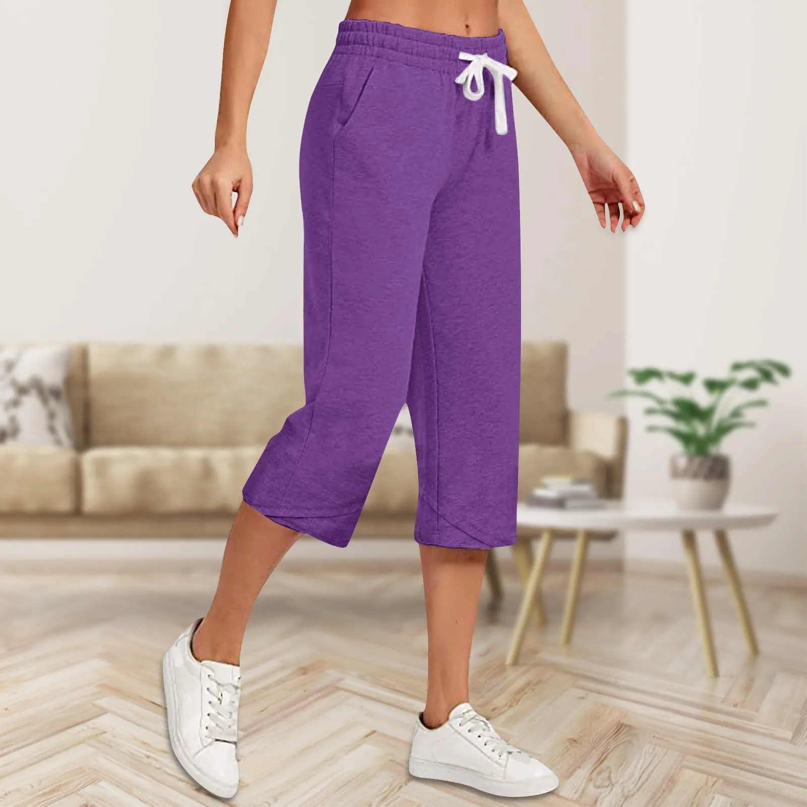 HEONSATI Pantalone Cropped Donna in Cotone e Lino Casual Pinocchietti 3/4 Estivi Leggeri a Gamba Larga Curvy - immagine 2