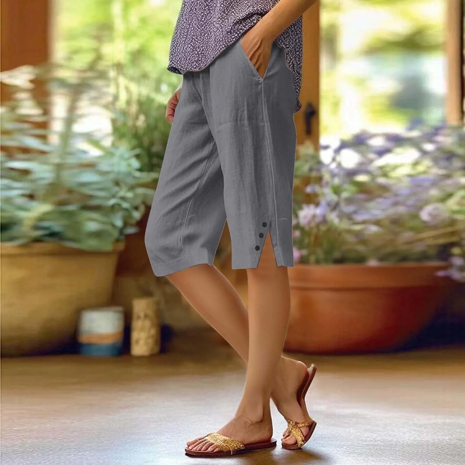 HEONSATI Pantaloni 7/8 Donna in Cotone e Lino Gamba Dritta con Coulisse Regolabile - immagine 2