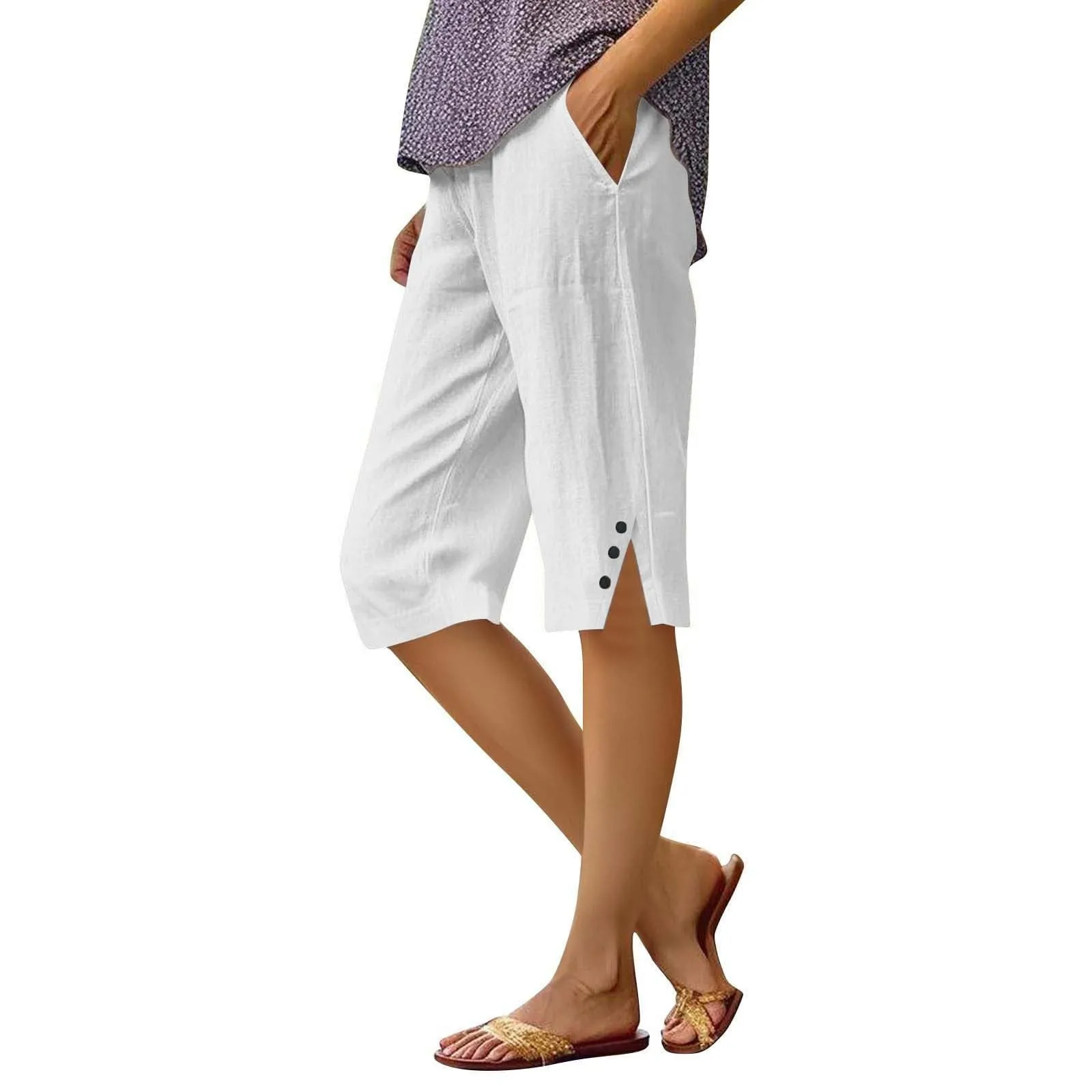 HEONSATI Pantaloni Donna 7/8 in Cotone e Lino, Capri Cropped Gamba Dritta con Coulisse Regolabile - immagine 1