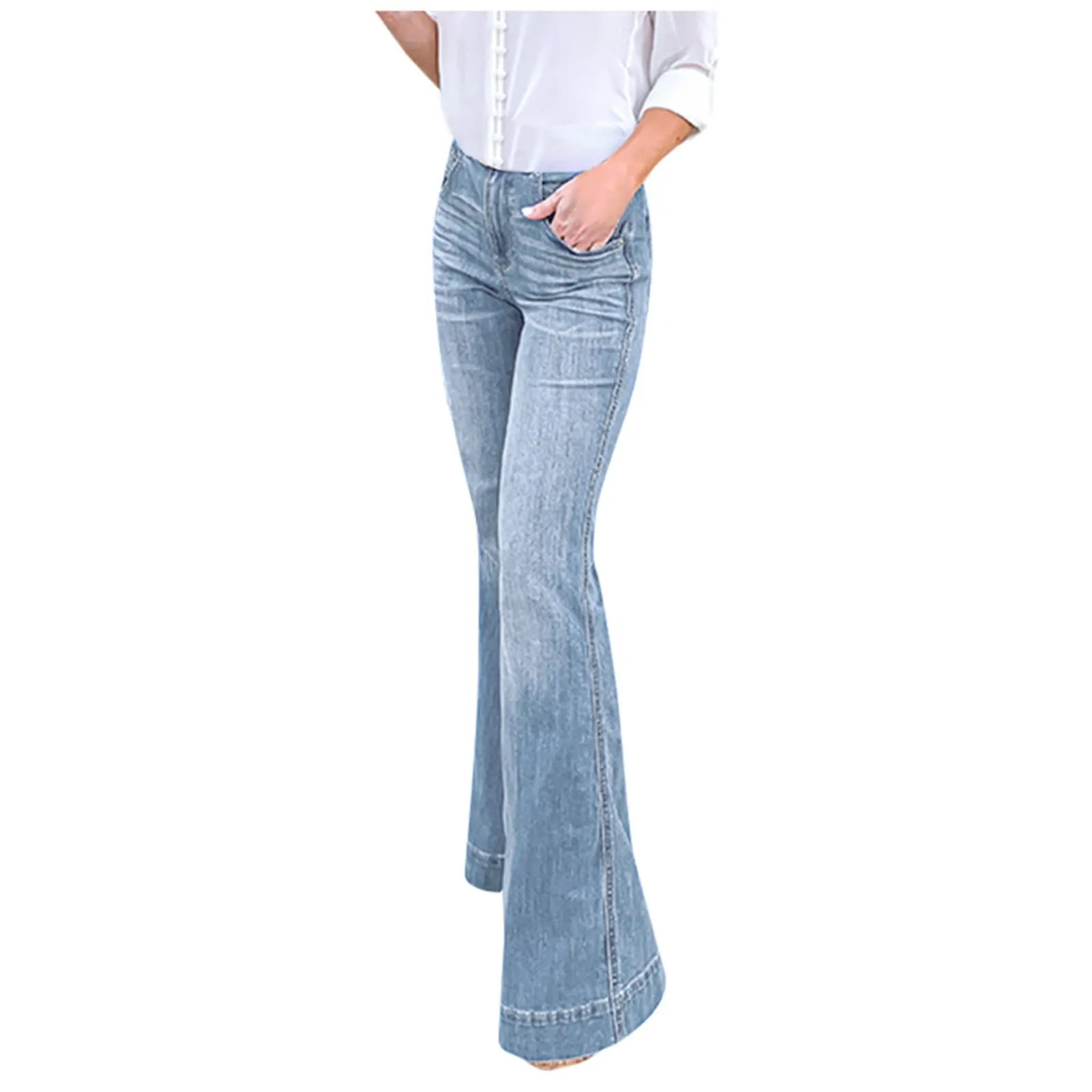 Generico Jeans Donna Flared Bootcut Elasticizzati Vita Alta e Bassa Azzurro - immagine 1