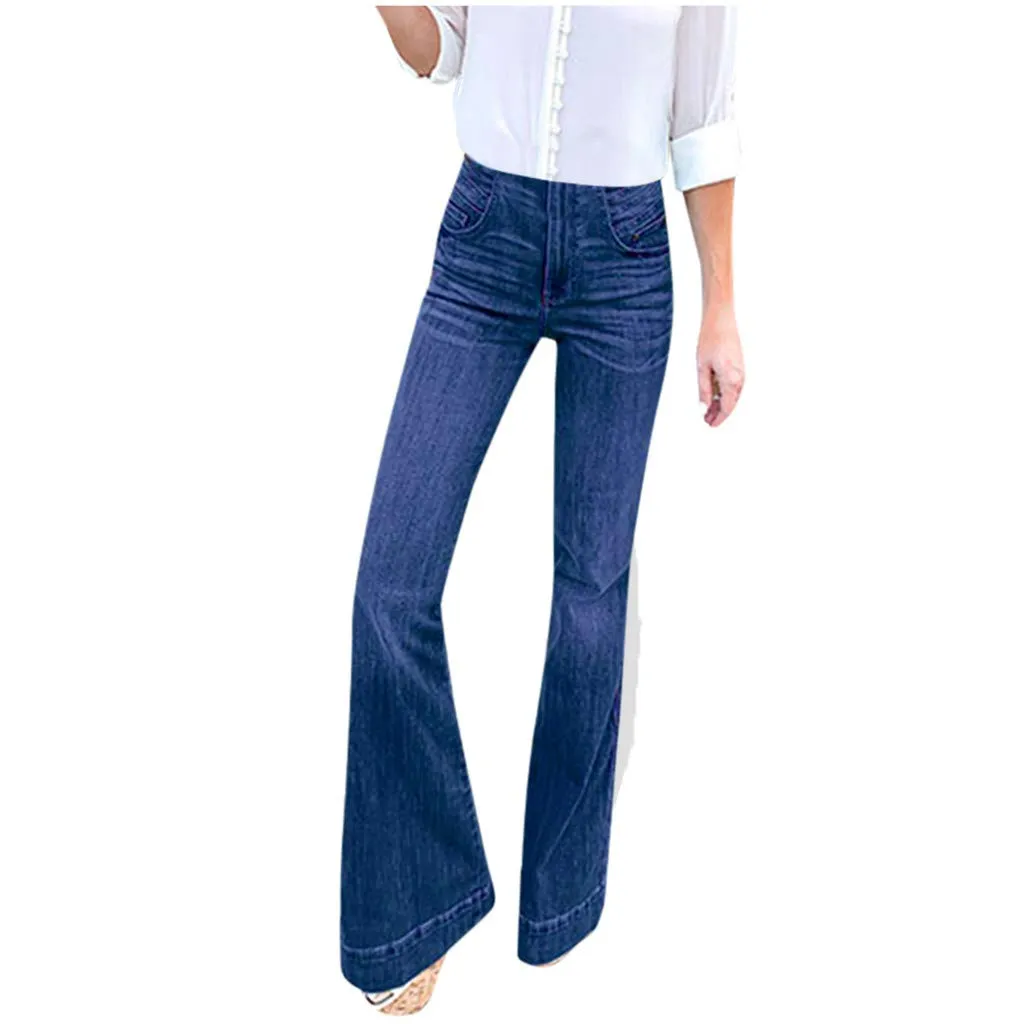 Generico Jeans Donna Flared Elefante Vita Alta Elasticizzati Effetto Vissuto Blu Scuro - immagine 1
