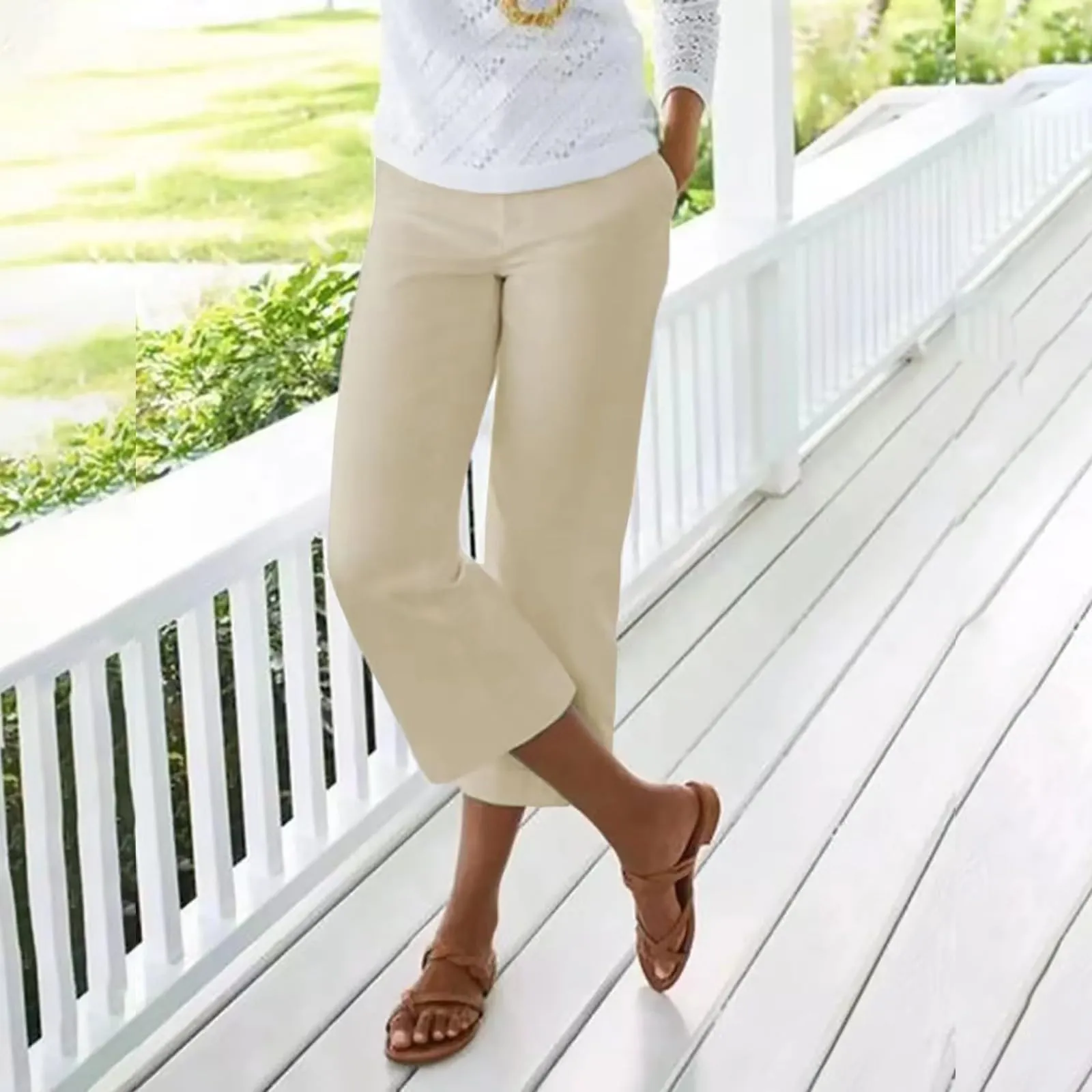 HEONSATI Pinocchietti Donna Estivi in Cotone Pantaloni 3/4 Bermuda Cropped Vita Alta - immagine 2