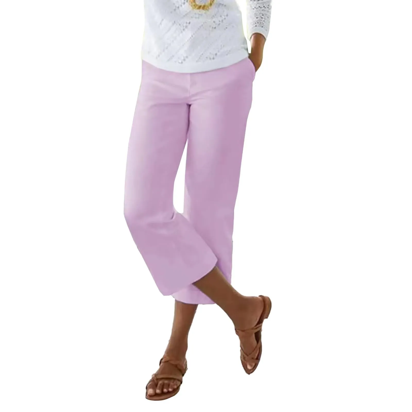 HEONSATI Pinocchietti Donna Estivi in Cotone Pantaloni 3/4 Cropped Vita Alta Rosa - immagine 1