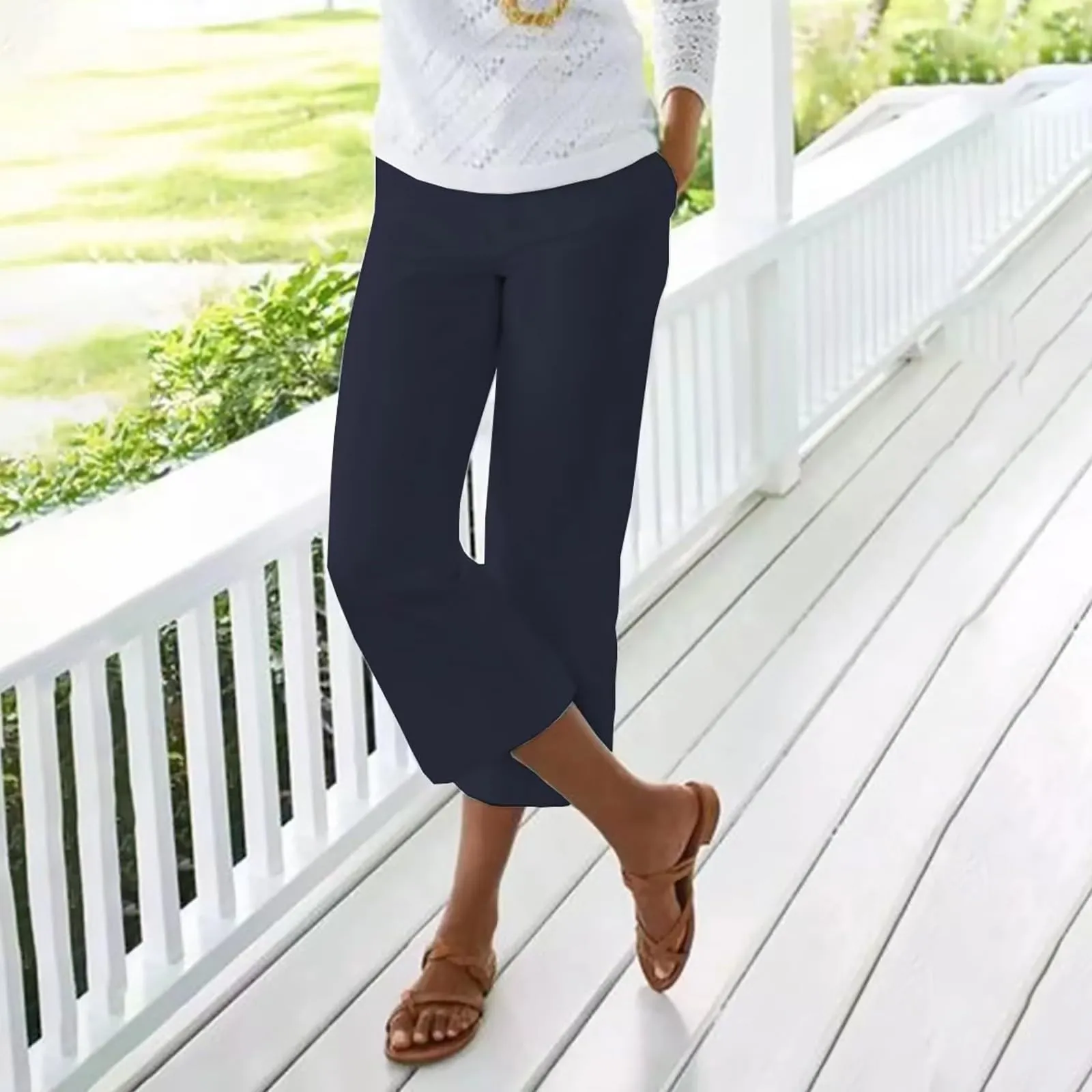 HEONSATI Pinocchietti Donna Estivi in Cotone Pantaloni 3/4 Cropped Vita Alta Curvy - immagine 2