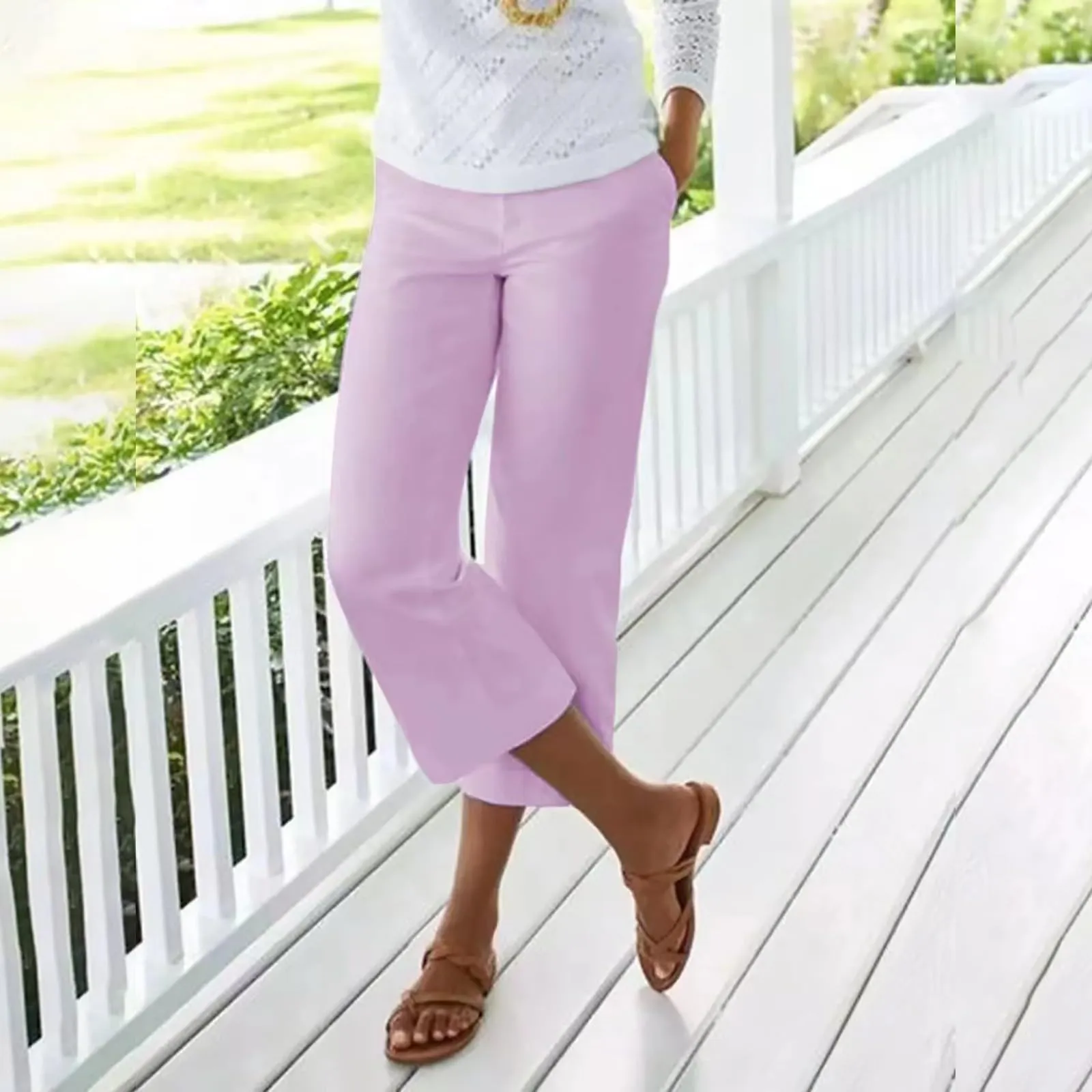 HEONSATI Pinocchietti Donna Estivi in Cotone Leggero Pantaloni 3/4 Bermuda Cropped a Vita Alta - immagine 2