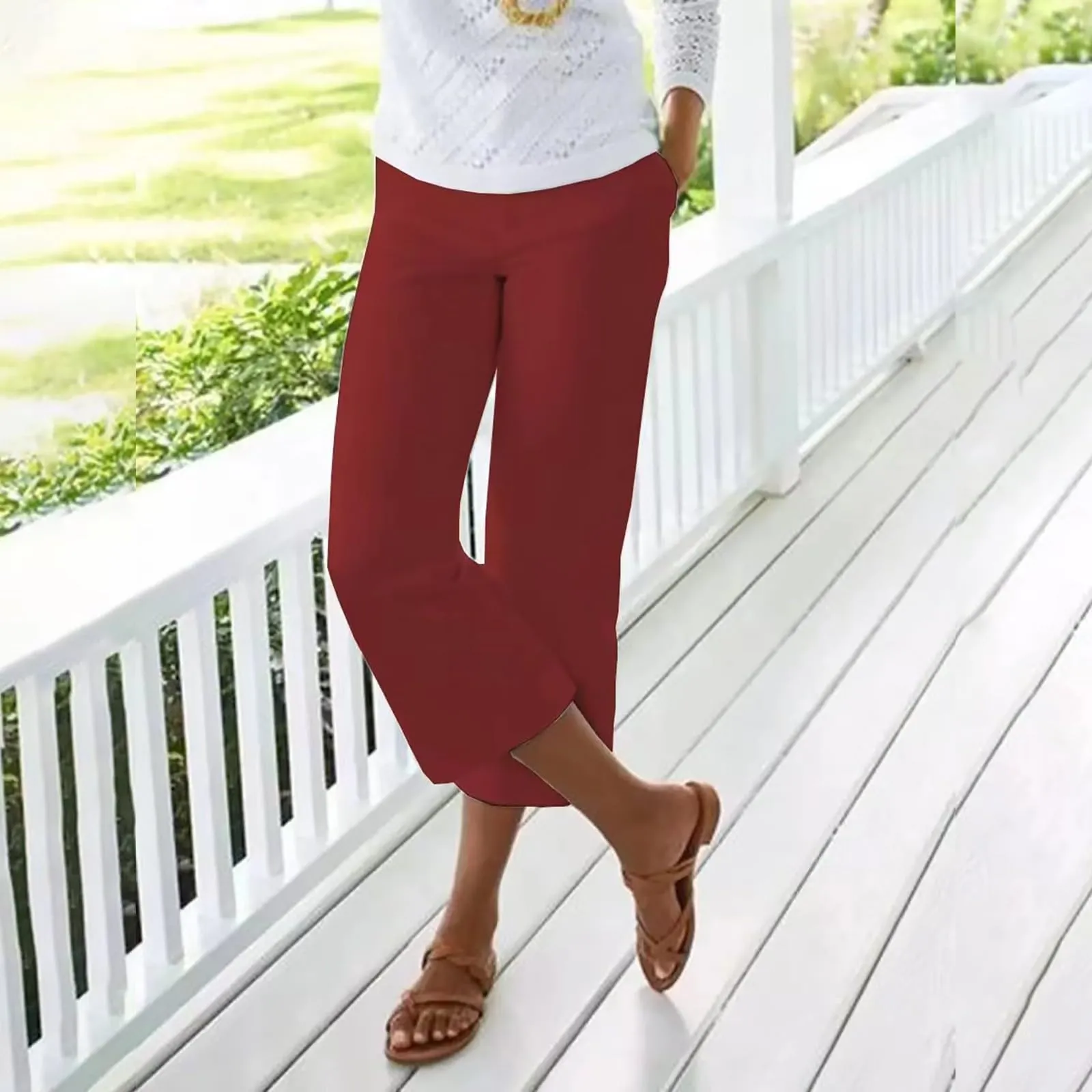 HEONSATI Pinocchietti Donna Estivi in Cotone Pantaloni 3/4 Bermuda Cropped Vita Alta - immagine 2
