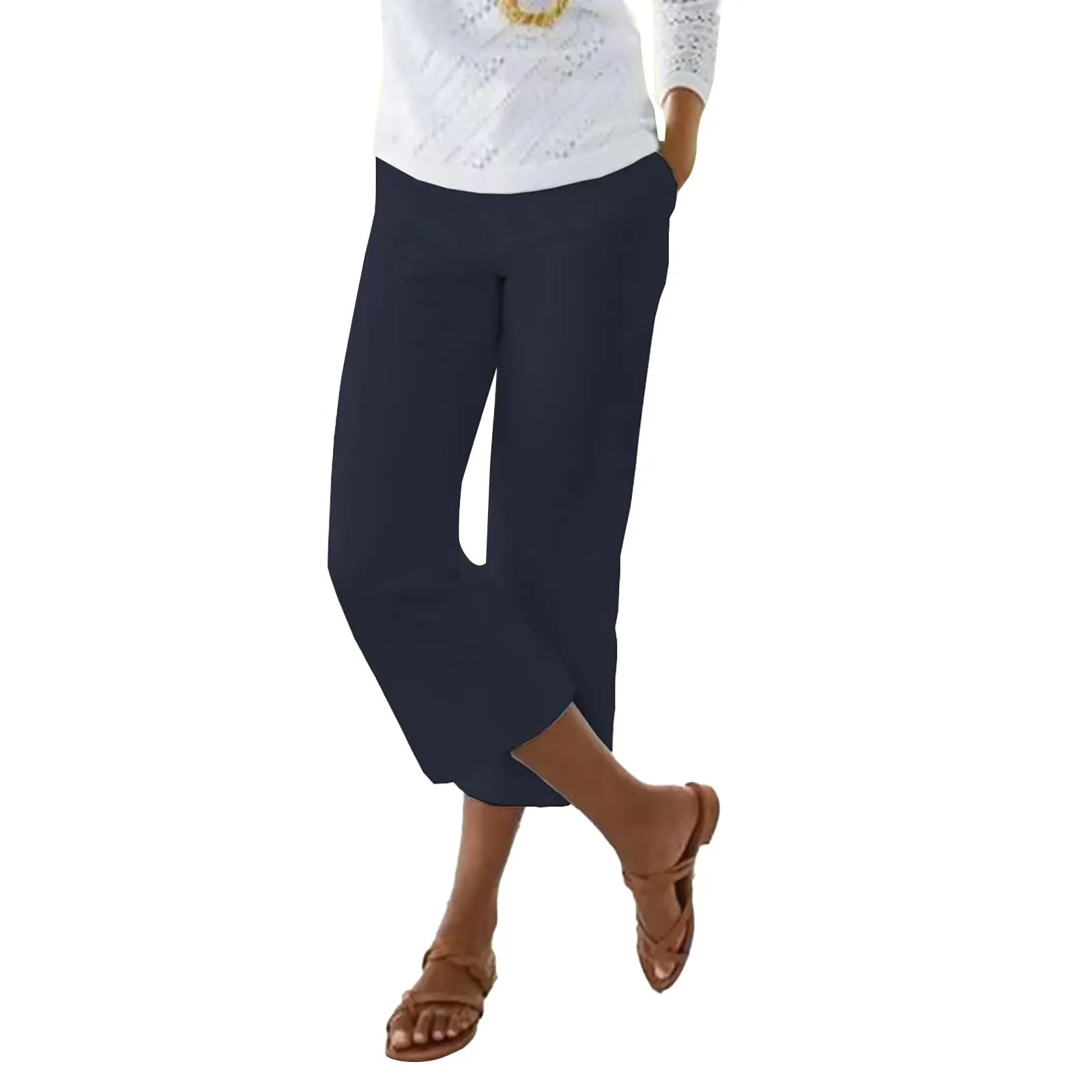 HEONSATI Pinocchietti Donna Estivi in Cotone Pantaloni 3/4 Cropped a Vita Alta - immagine 3