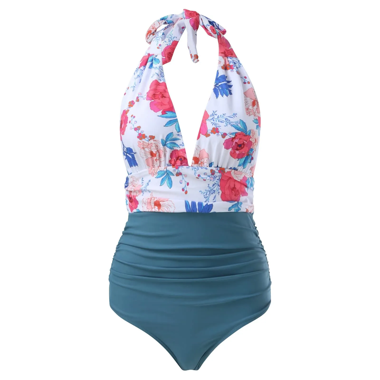 Generico Costume Intero Donna Push Up Modellante con Scollo a V e Stampe Retrò Floreali - immagine 4