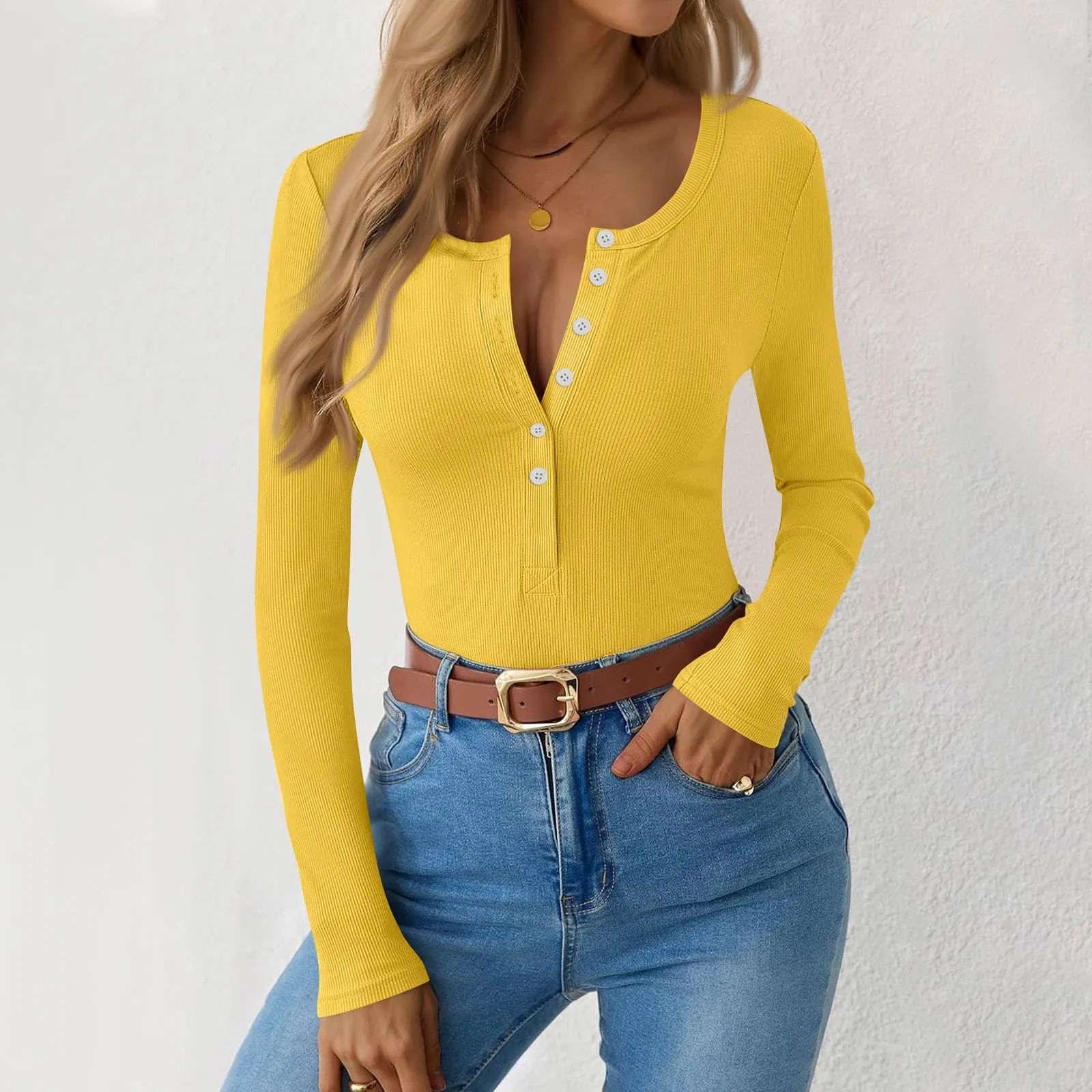 MOKBAY Magliette Donna Y2k Slim Fit Manica Lunga Tinta Unita M - immagine 7
