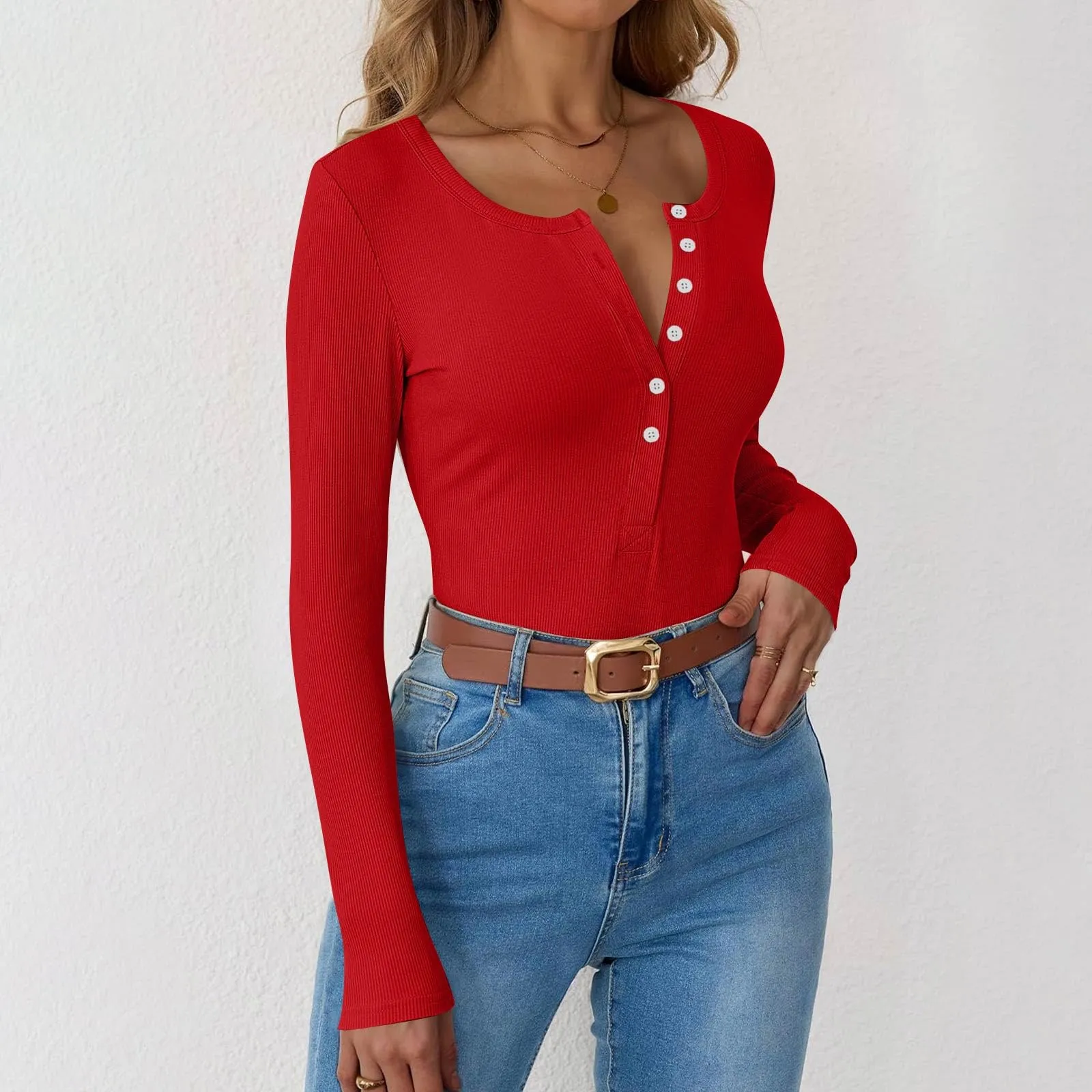 MOKBAY Top Donna Slim Fit Manica Lunga Tinta Unita Cotone - Arancione, S - immagine 6