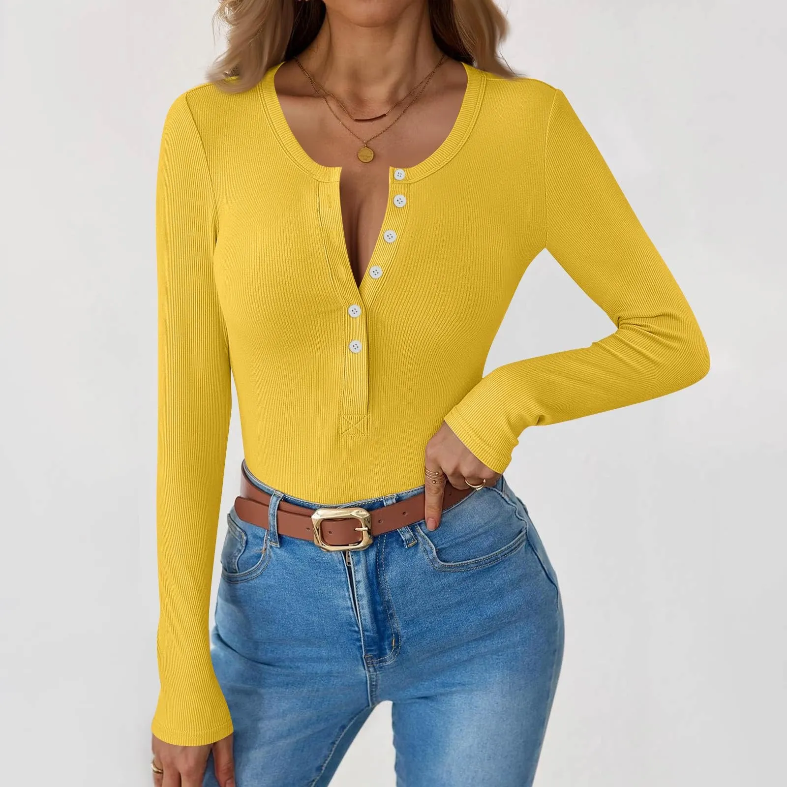 MOKBAY Maglietta Basic Top Slim Fit Manica Lunga Tinta Unita Donna S - immagine 2