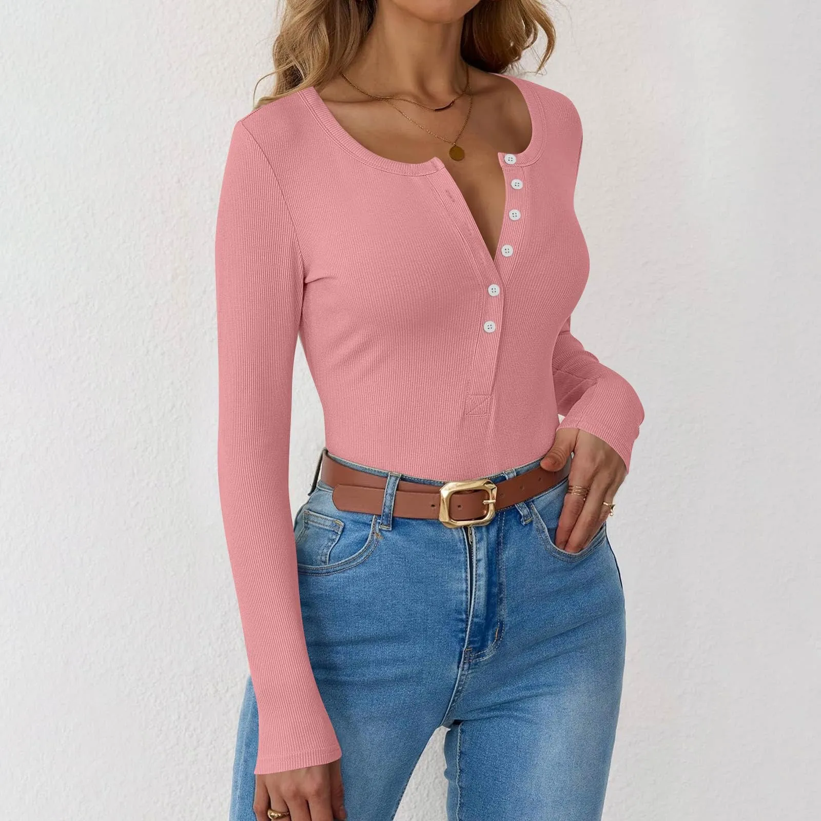 MOKBAY Maglia Slim Fit Curvy Tinta Unita Crop Top Maniche Lunghe Arancione Donna S - immagine 6