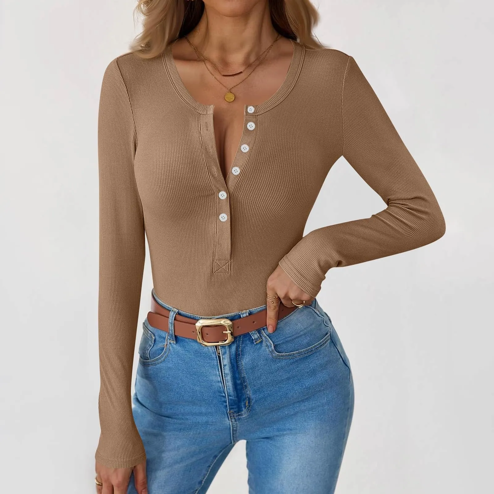 MOKBAY Maglia Donna Slim Fit Manica Lunga in Cotone Tinta Unita Rosso XL - immagine 2