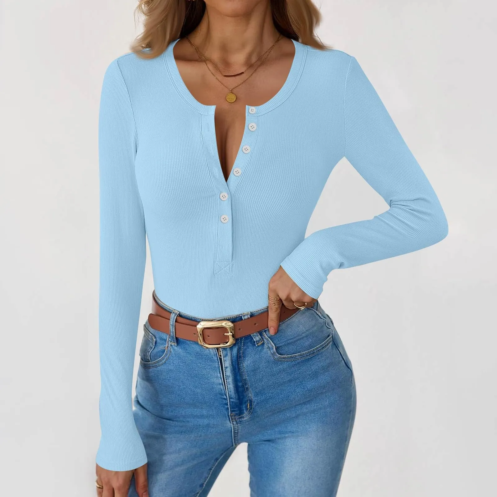 MOKBAY Magliette Manica Lunga Donna Slim Fit Tinta Unita Arancione XL - immagine 2