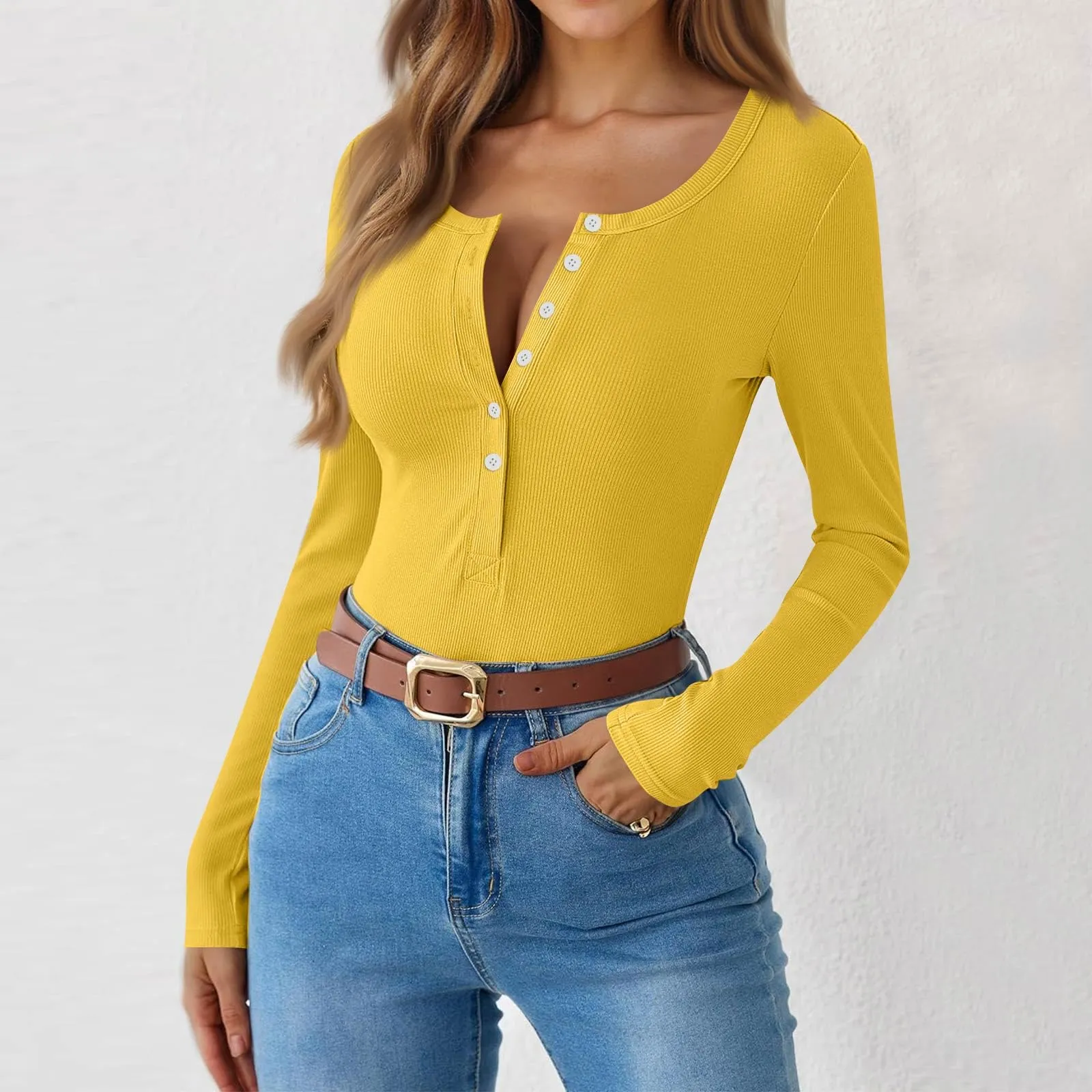 MOKBAY Maglia Donna in Cotone Manica Lunga Slim Fit Tinta Unita, Taglia L - immagine 6