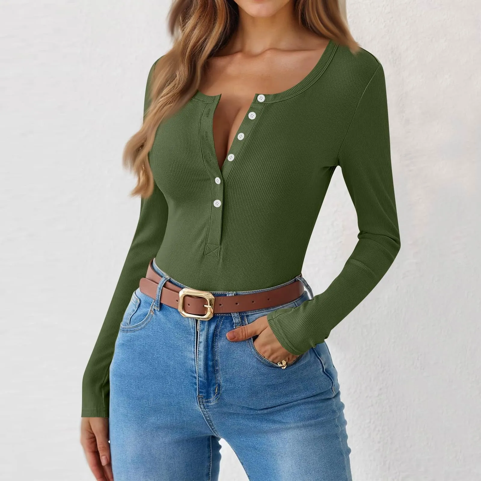 MOKBAY Maglia Donna Manica Lunga Slim Fit in Cotone Tinta Unita, L - immagine 7