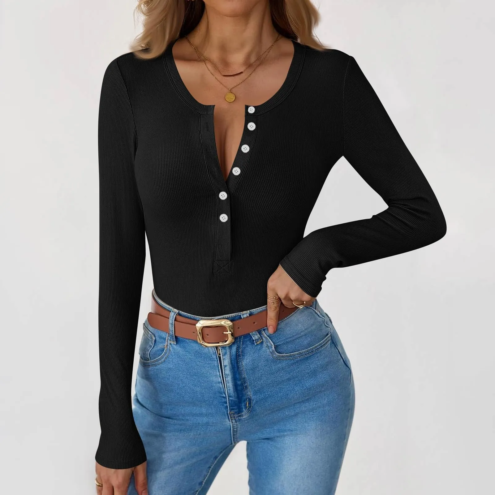 MOKBAY Crop Top Donna Manica Lunga Slim Fit Tinta Unita - S - immagine 2