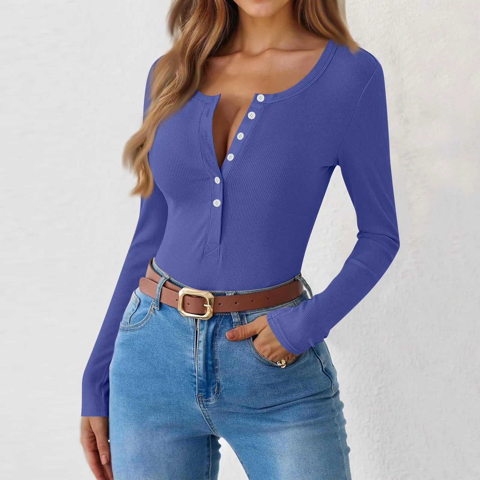 MOKBAY Maglia Donna Manica Lunga Slim Fit Tinta Unita Arancione S - immagine 7