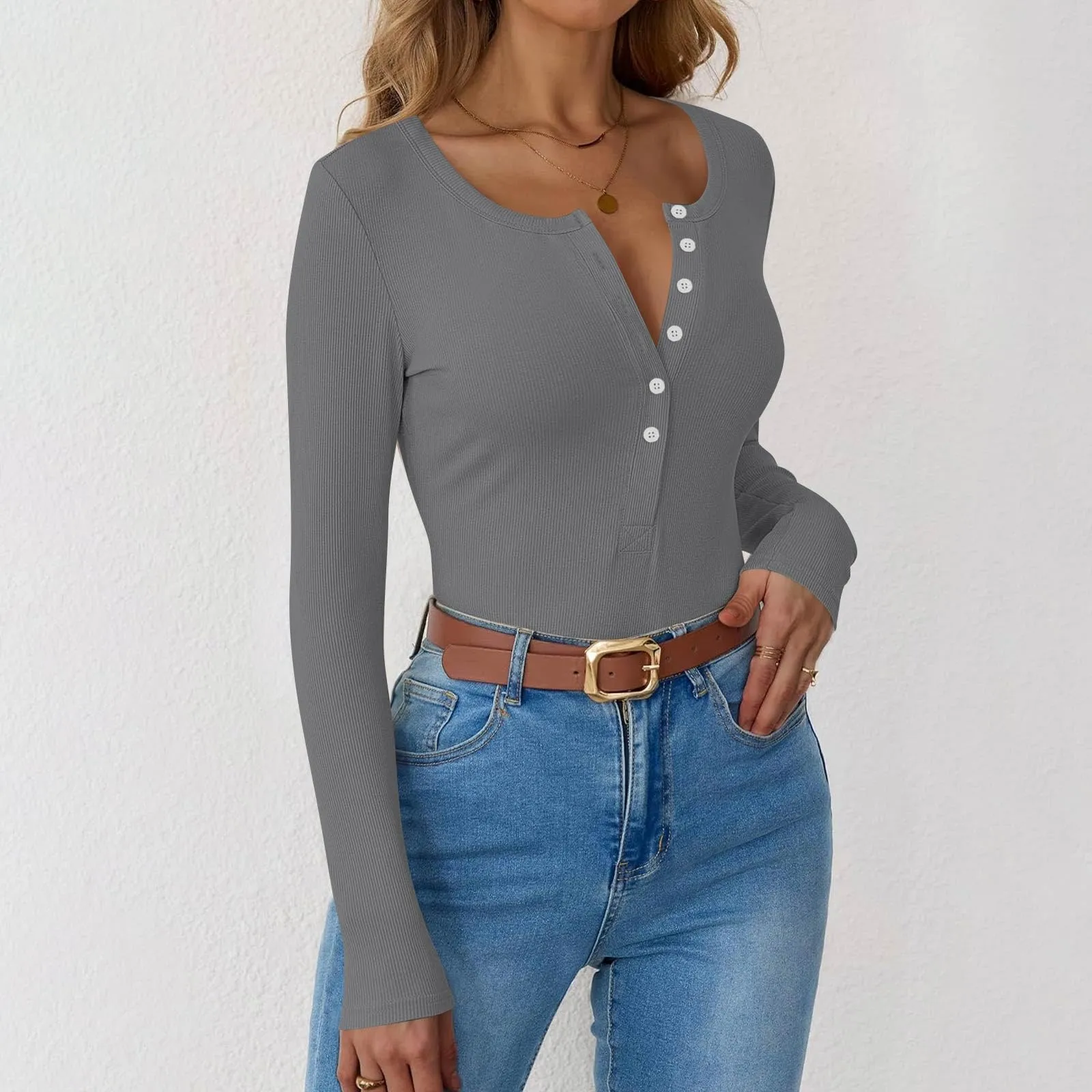 MOKBAY Top Rosso Curvy Maglia Donna Maniche Lunghe Slim Fit Tinta Unita L - immagine 7