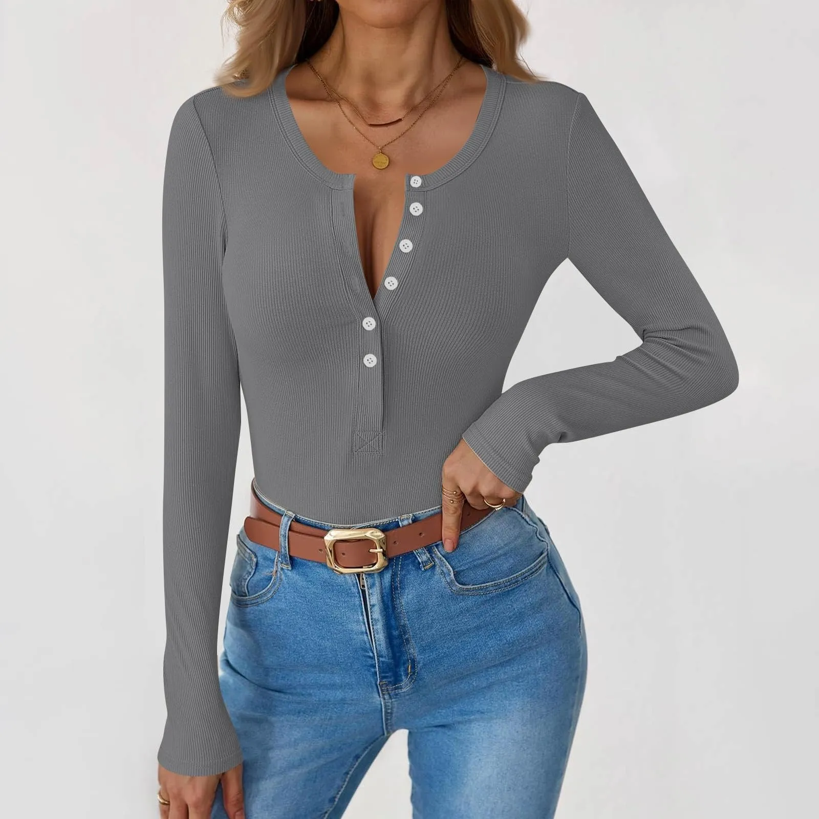 MOKBAY Maglia Donna Elegante in Cotone Manica Lunga Slim Fit Tinta Unita, S - immagine 2