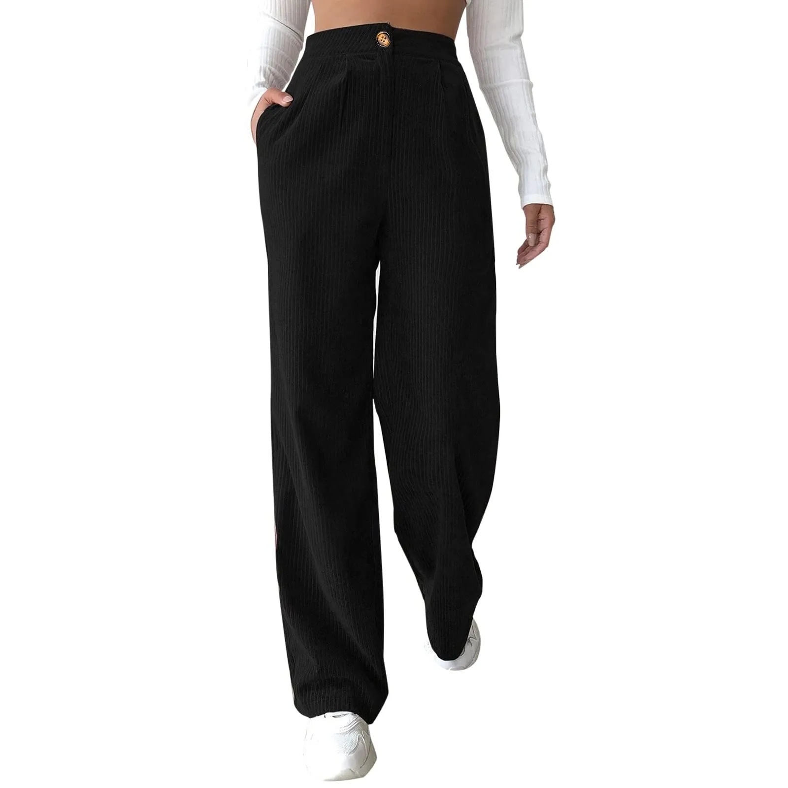 Duohropke Pantaloni a vita alta in corduroy elasticizzati a campana, 01 Nero - immagine 1