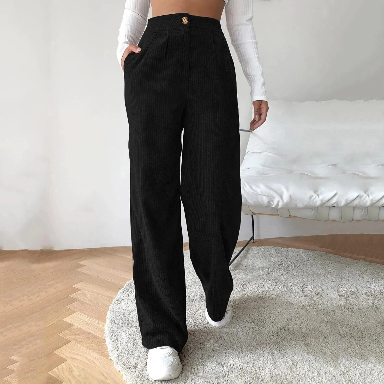 Duohropke Pantaloni a vita alta in corduroy elasticizzati a campana, 01 Nero - immagine 3