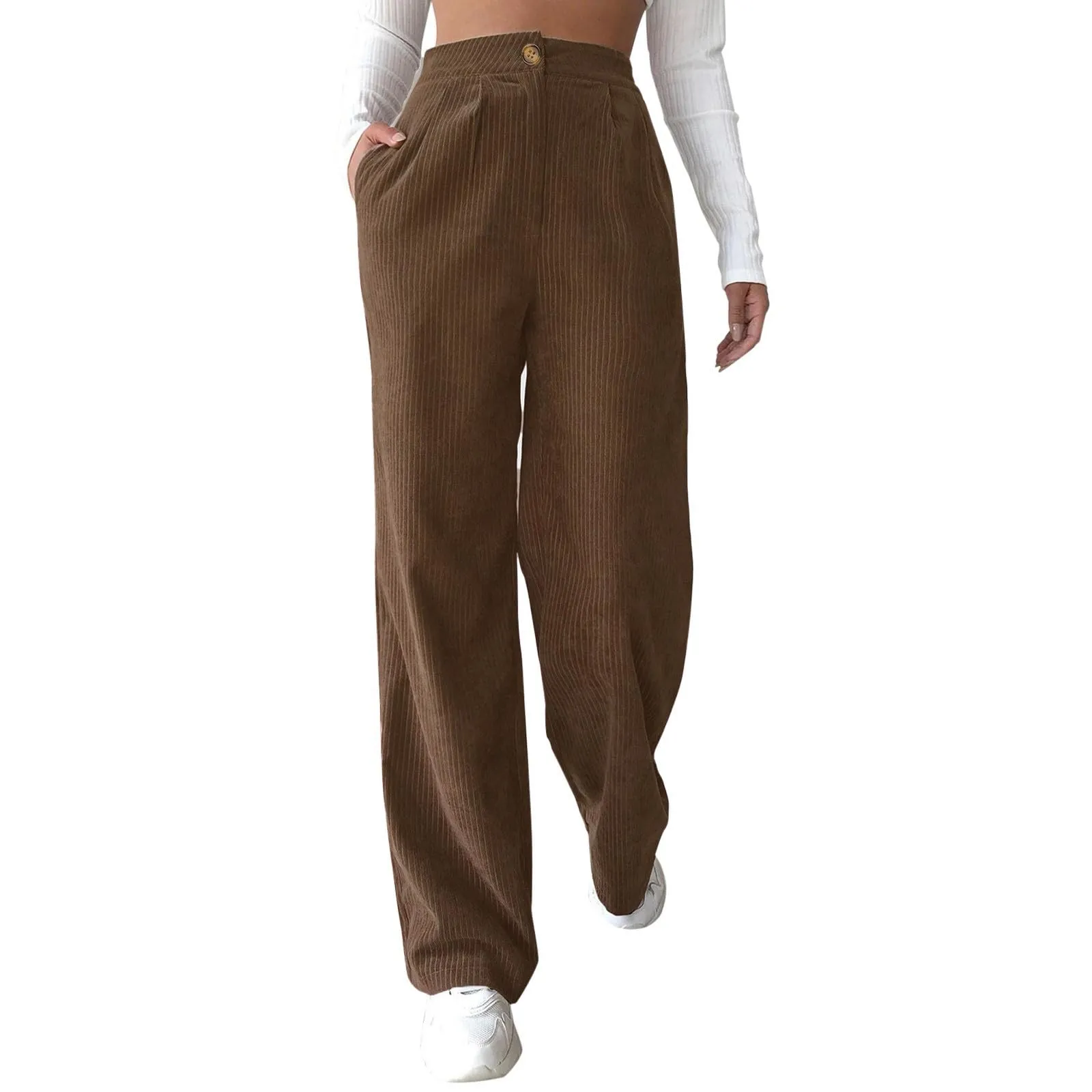 Duohropke Pantaloni a zampa da donna in velluto a coste, Marrone, S - immagine 1