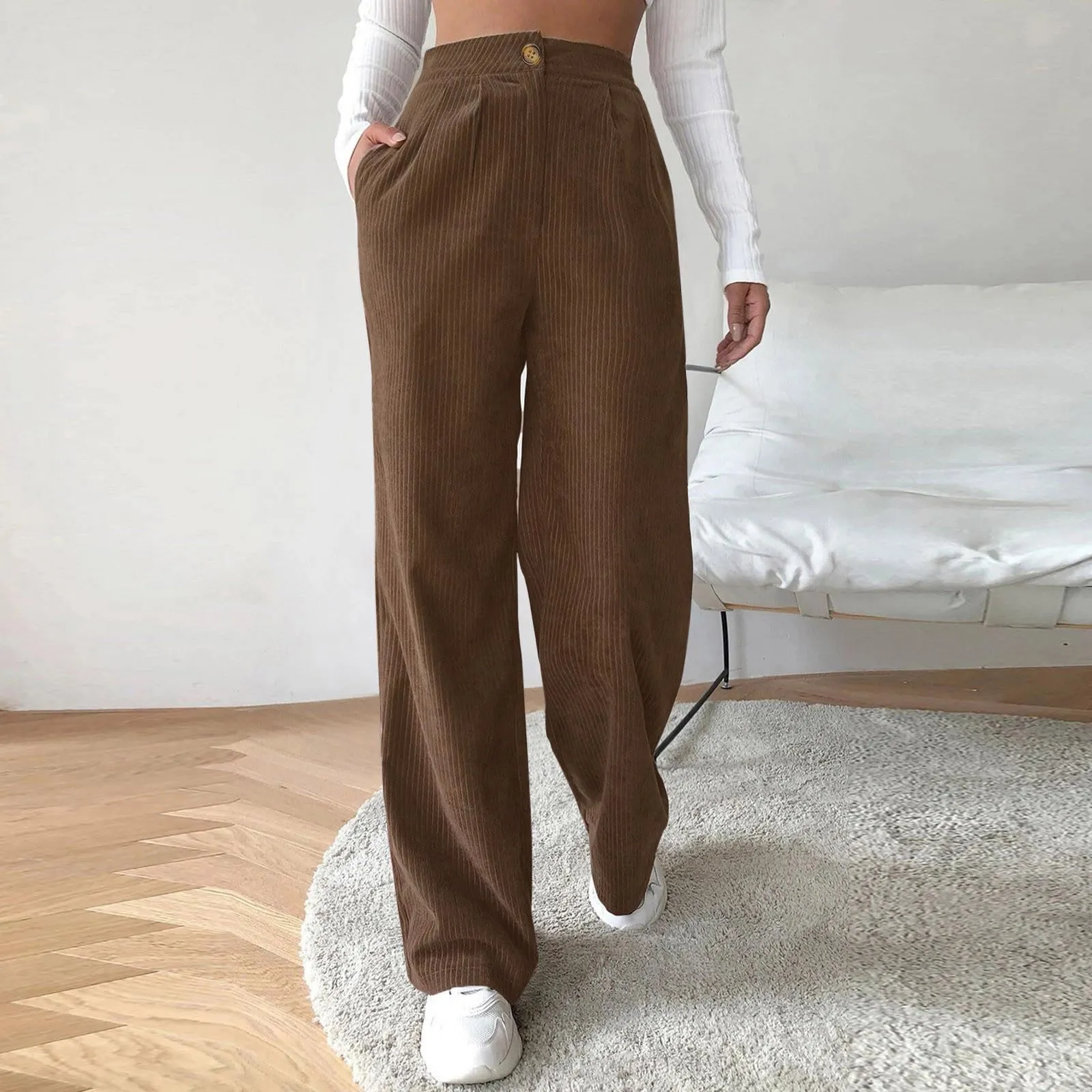 Duohropke Pantaloni a zampa da donna in velluto a coste, Marrone, S - immagine 3