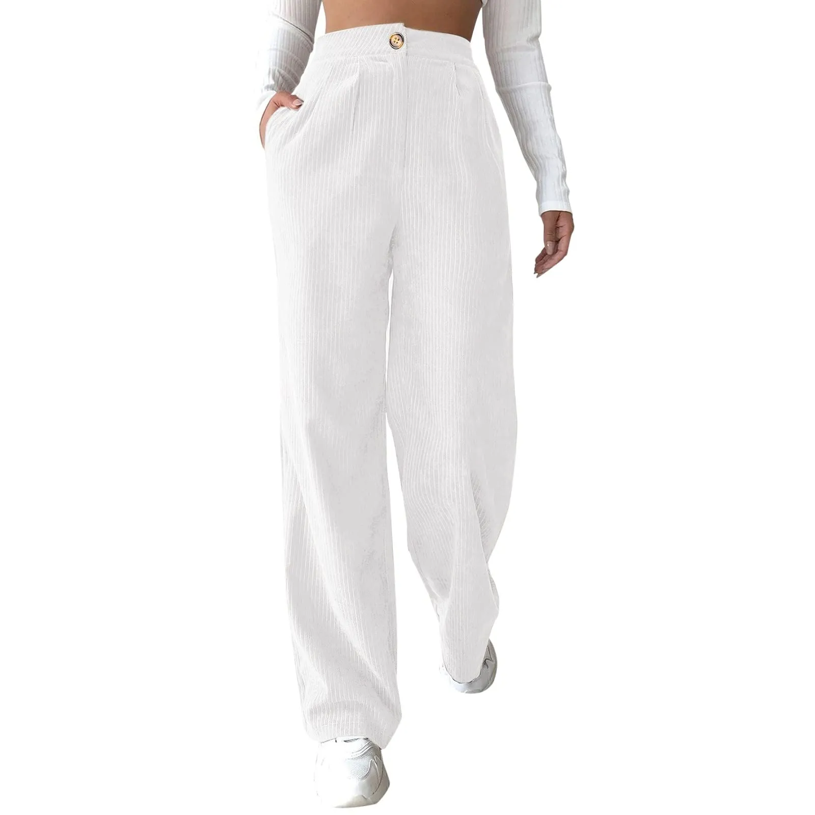 Duohropke Pantaloni a Zampa da Donna in Velluto a Coste, Bianco, XXL - immagine 1