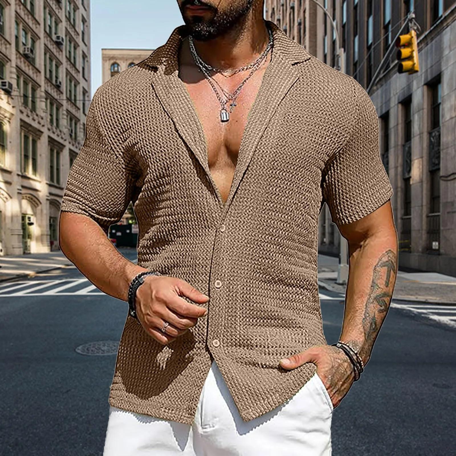 Generico Camicie Uomo Maniche Lunghe Cotone Bianco e Nera Elegante - immagine 2