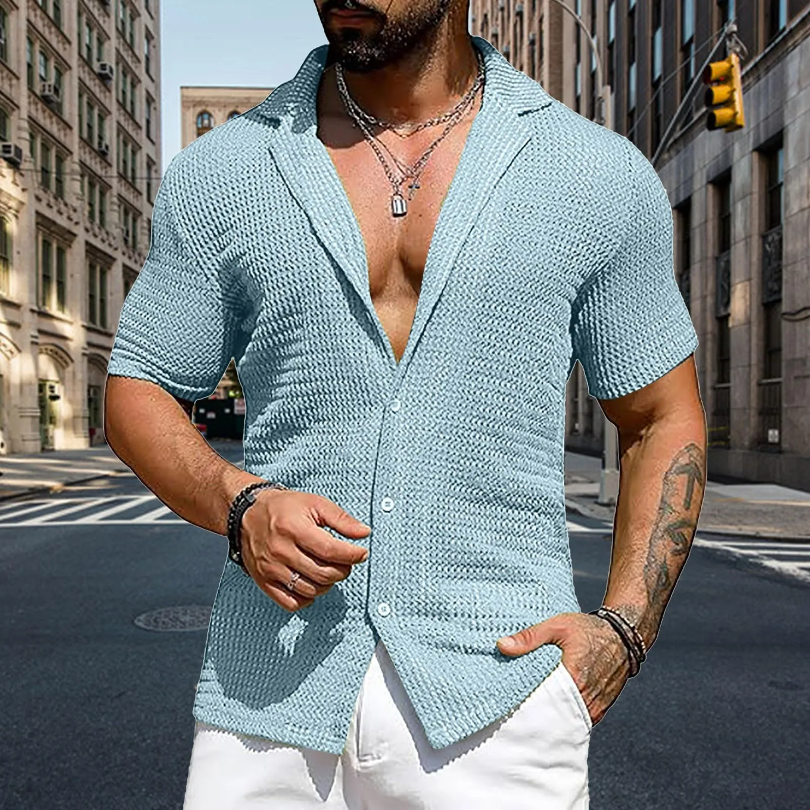 Generico Camicia Coreana Uomo Regular Fit a Righe Azzurro L - immagine 2