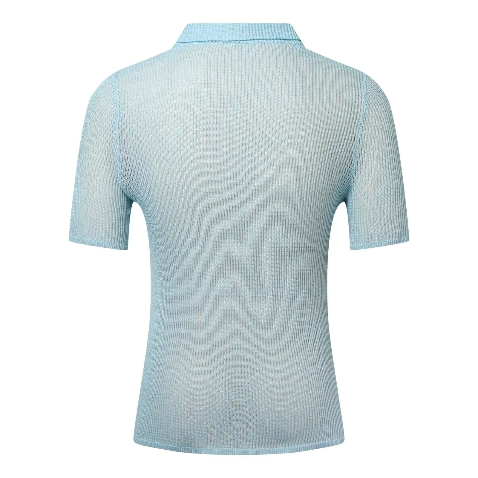 Generico Camicia Coreana Uomo Regular Fit a Righe Azzurro L - immagine 4
