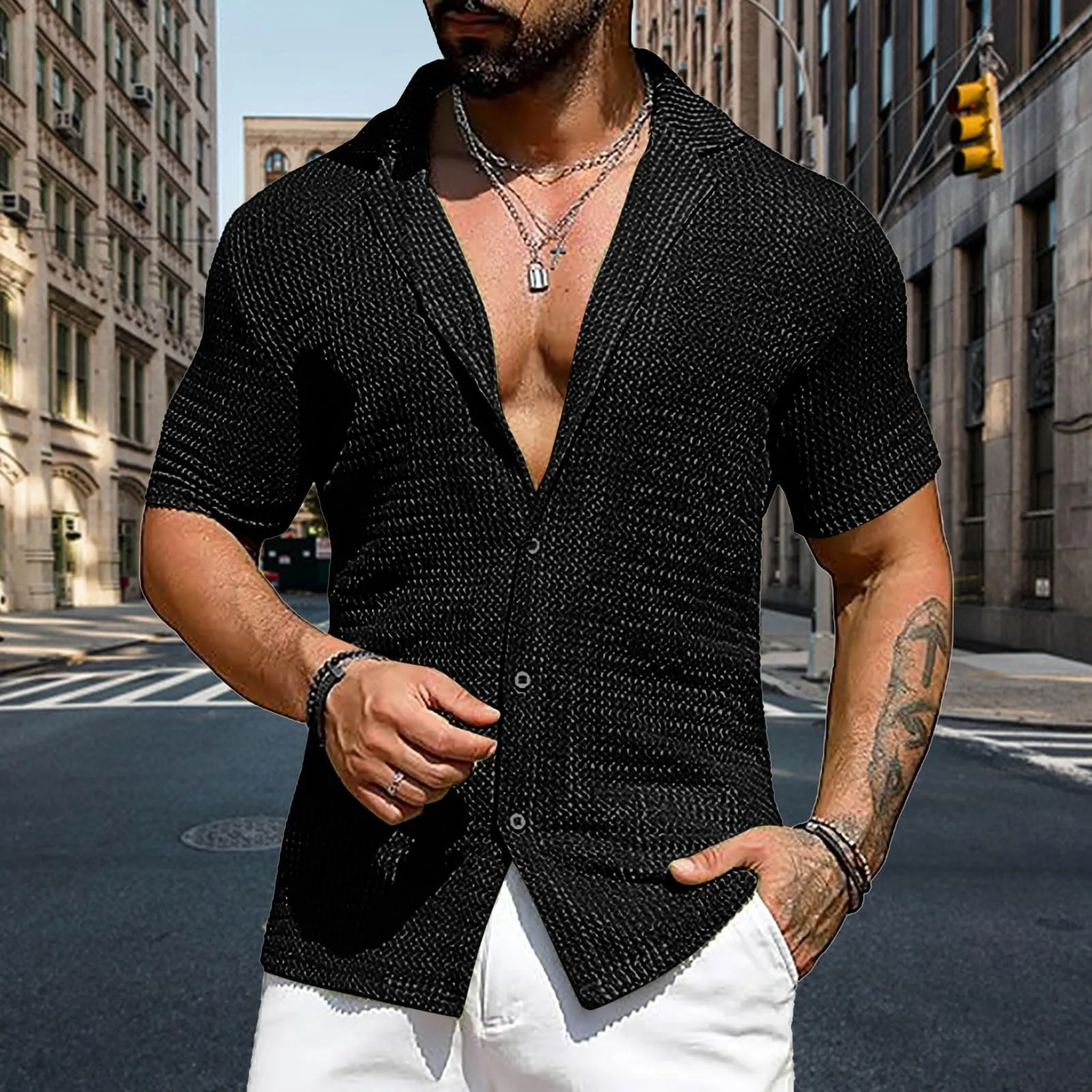 Generico Camicie Lino Uomo Sportive Maglietta Slim Fit Elegante - immagine 2