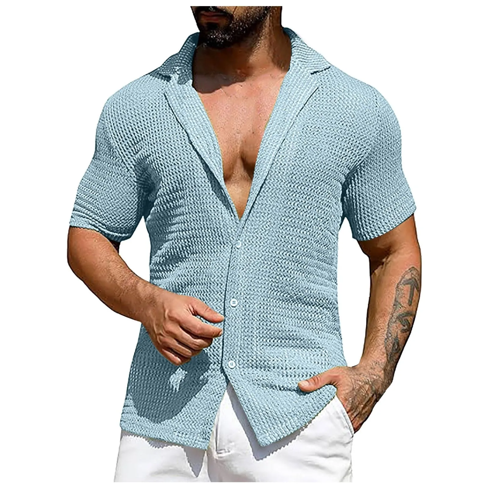 Generico Camicia di Lino Uomo Estiva Azzurra Strisce XL - immagine 1