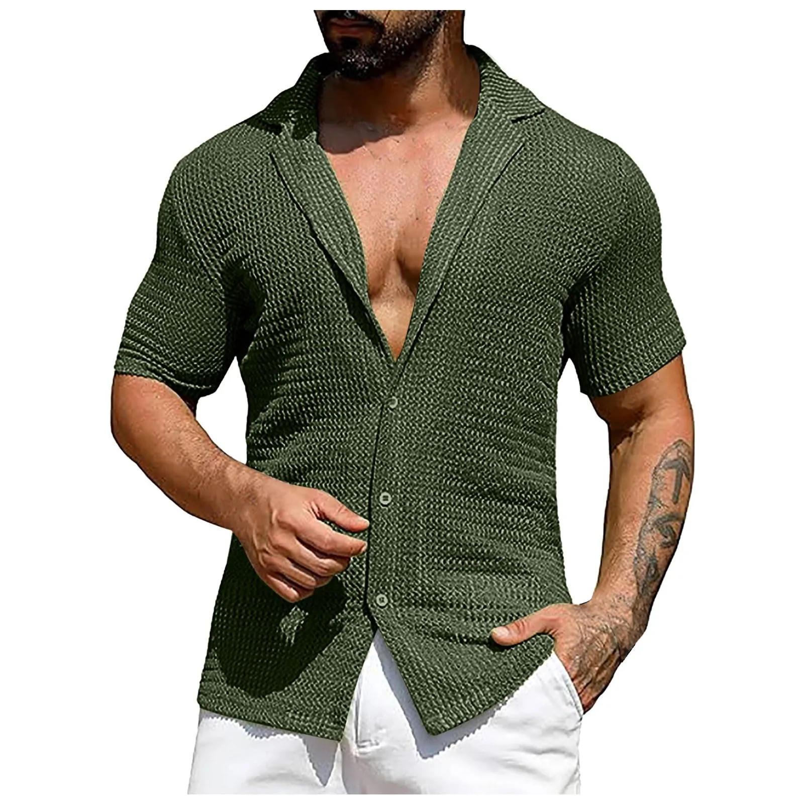 Generico Polo Uomo Cotone Manica Lunga Verde Slim Fit Oversize Cardigan Primavera - immagine 1