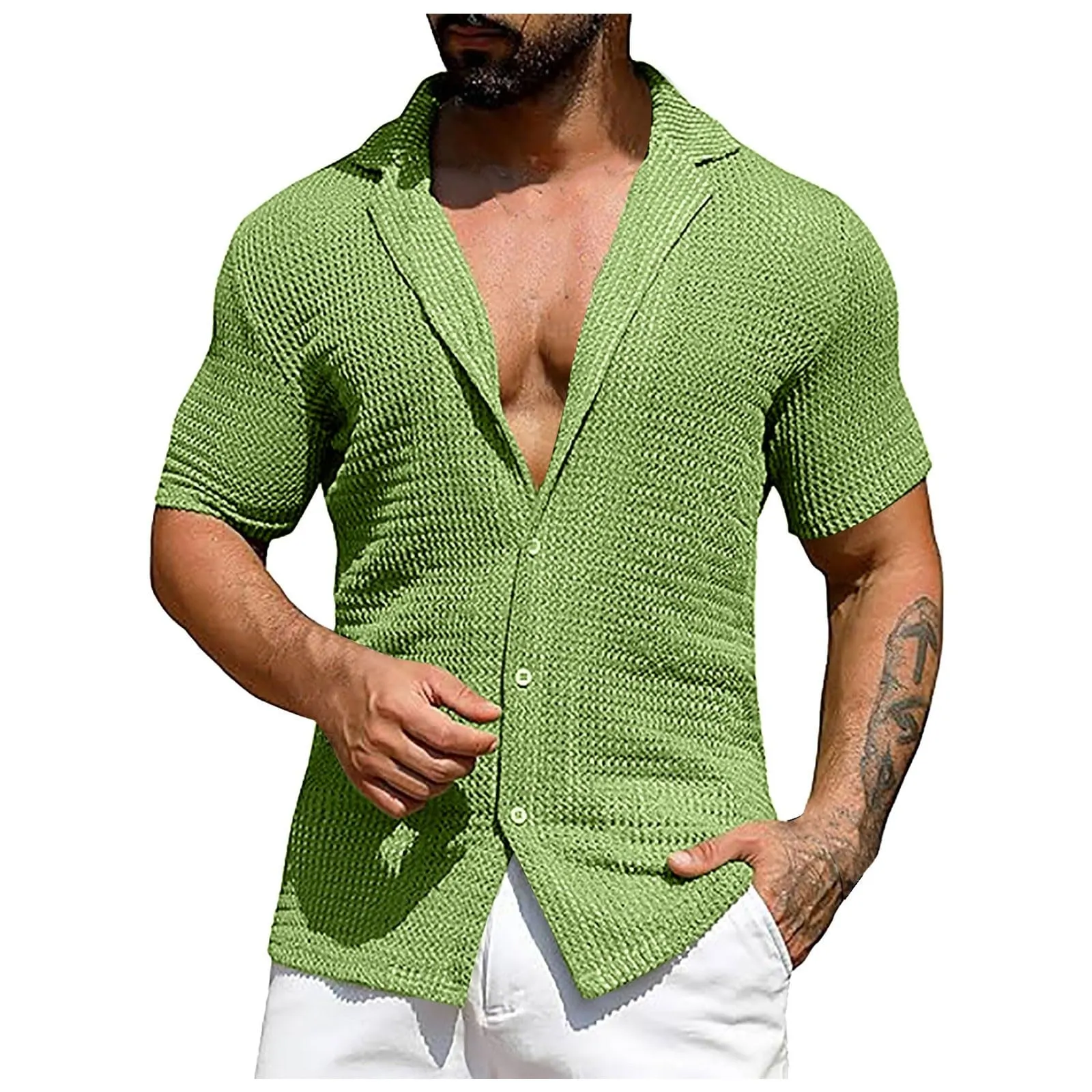 Generico Camicia Uomo Lino Bianca Taglia L Verde - immagine 1