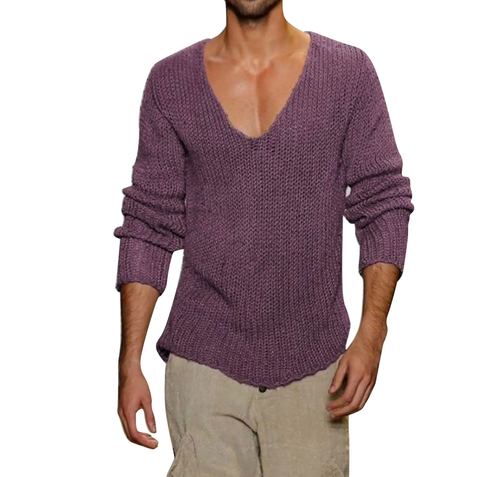 Duohropke Maglia a maniche lunghe da uomo con scollo a V, Slim Fit, Lilla, XXL - immagine 1