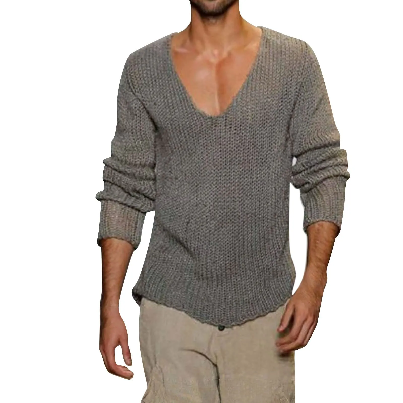 Duohropke Maglia Uomo Slim Fit a Maniche Lunghe con Scollo a V, Grigio, XXL - immagine 1