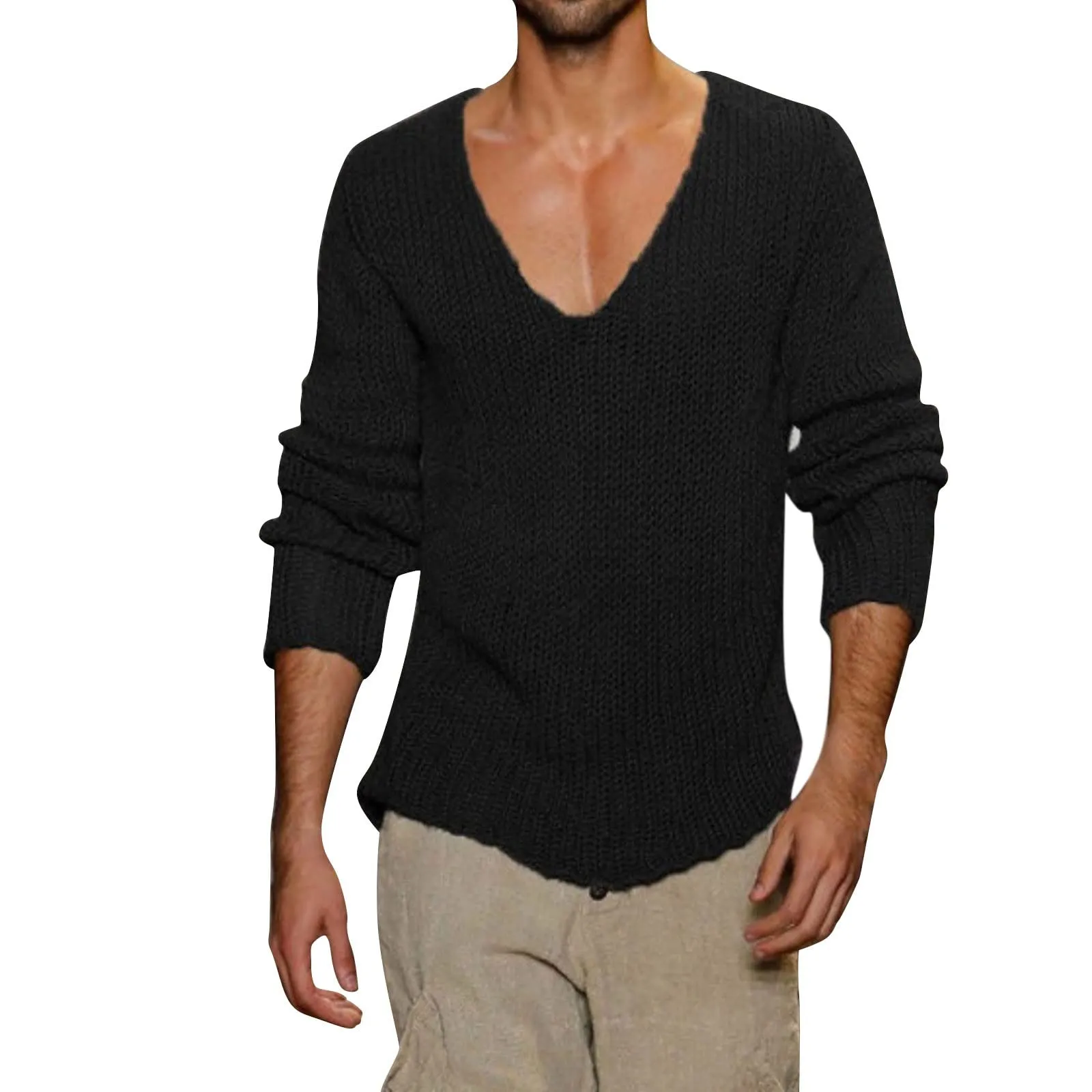 Duohropke Maglia a Maniche Lunghe da Uomo con Scollo a V Slim Fit, Nero, M - immagine 1