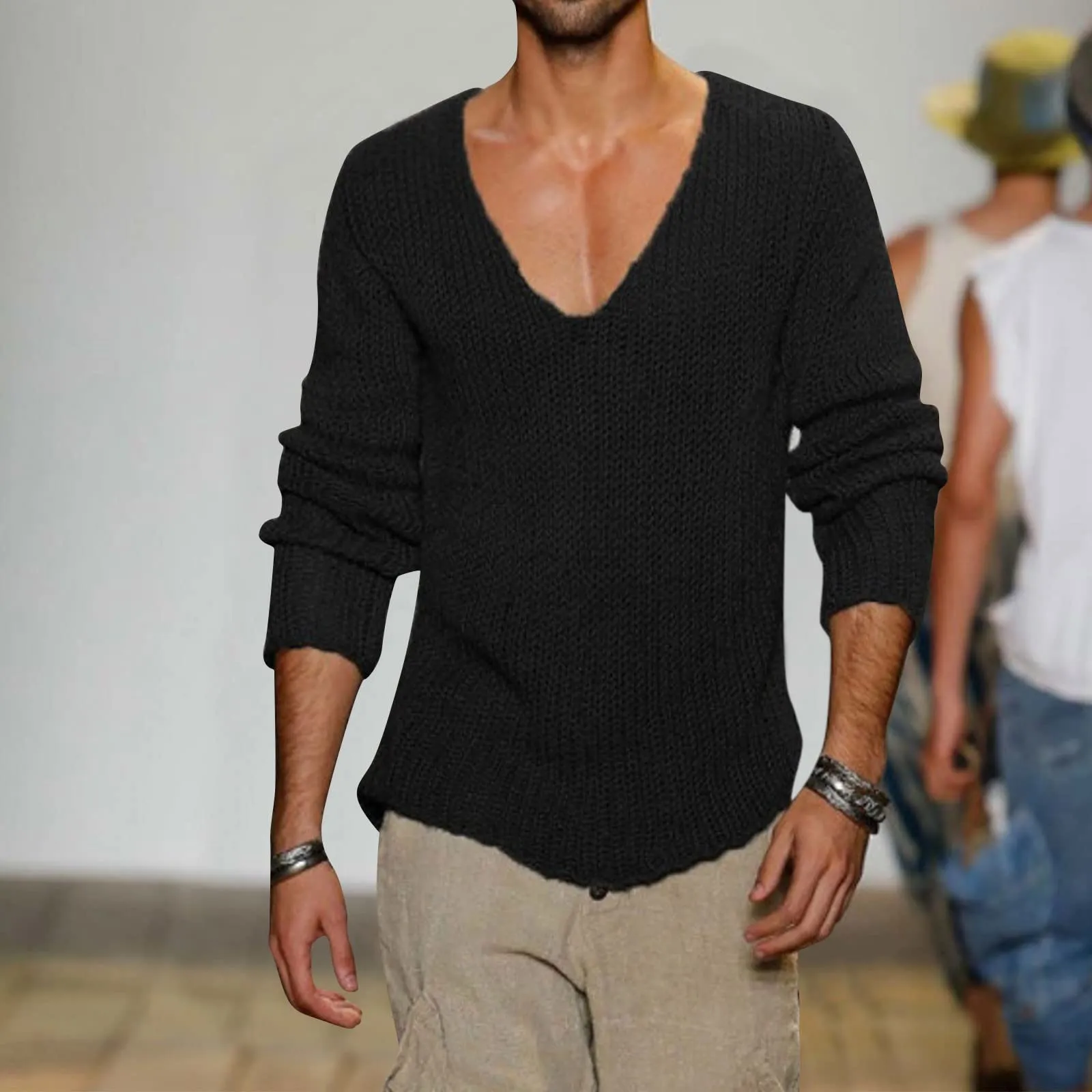 Duohropke Maglia a Maniche Lunghe da Uomo con Scollo a V Slim Fit, Nero, M - immagine 2