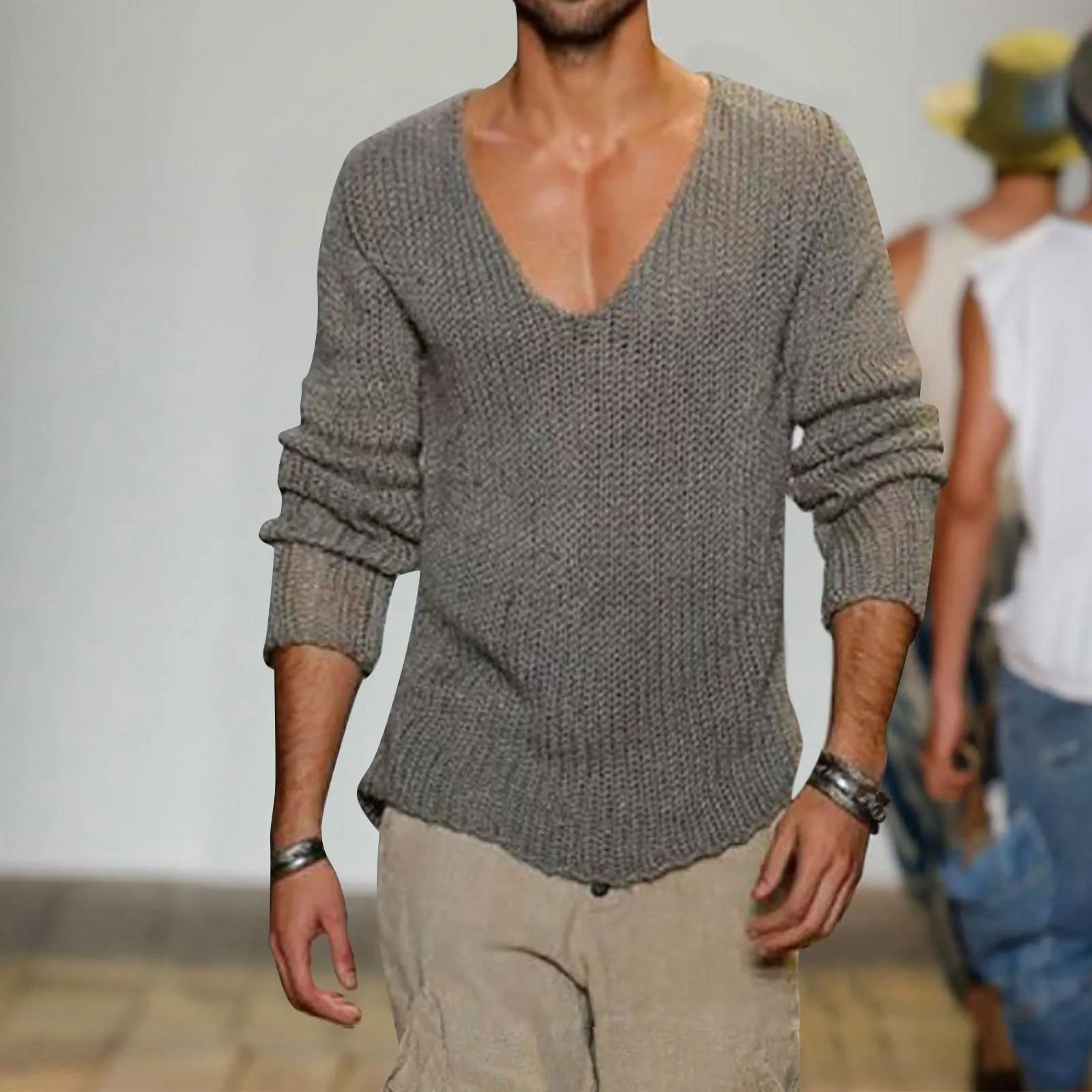 Duohropke Maglia da uomo a maniche lunghe con scollo a V slim fit, grigio, 3XL - immagine 2