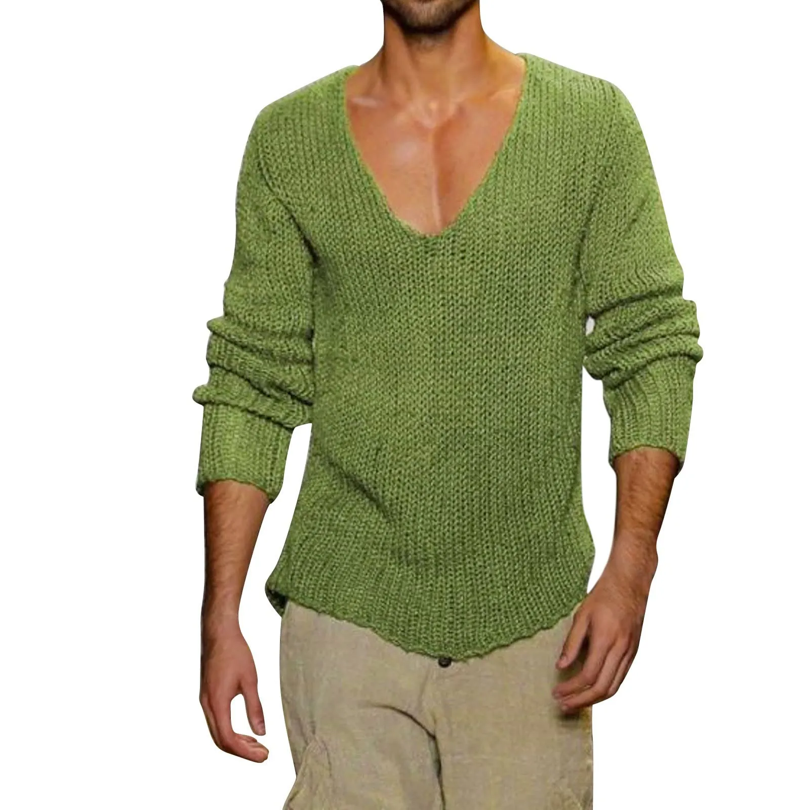 Duohropke Maglia a maniche lunghe da uomo con scollo a V, slim fit, verde, 3XL - immagine 1