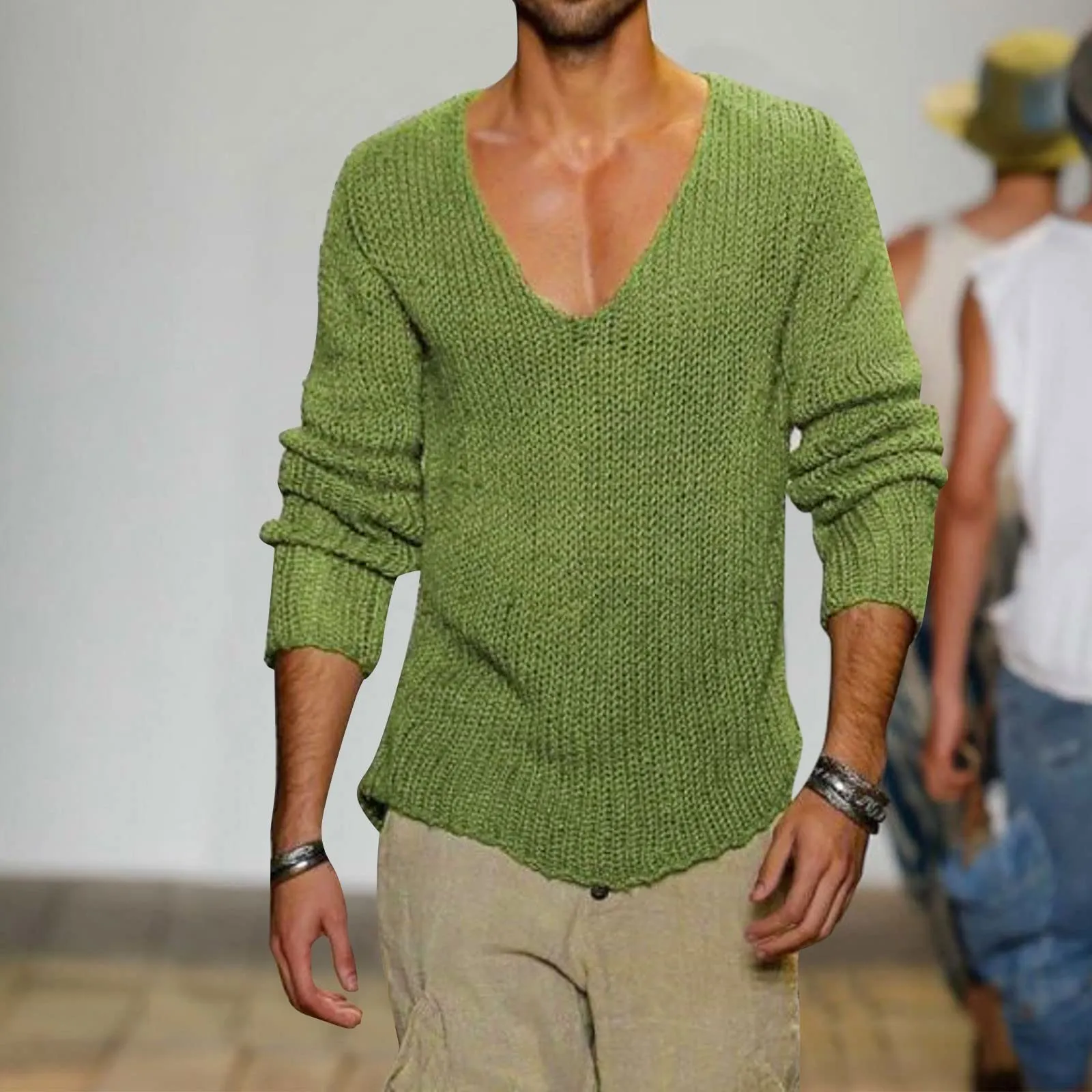 Duohropke Maglia a maniche lunghe da uomo con scollo a V, slim fit, verde, 3XL - immagine 2